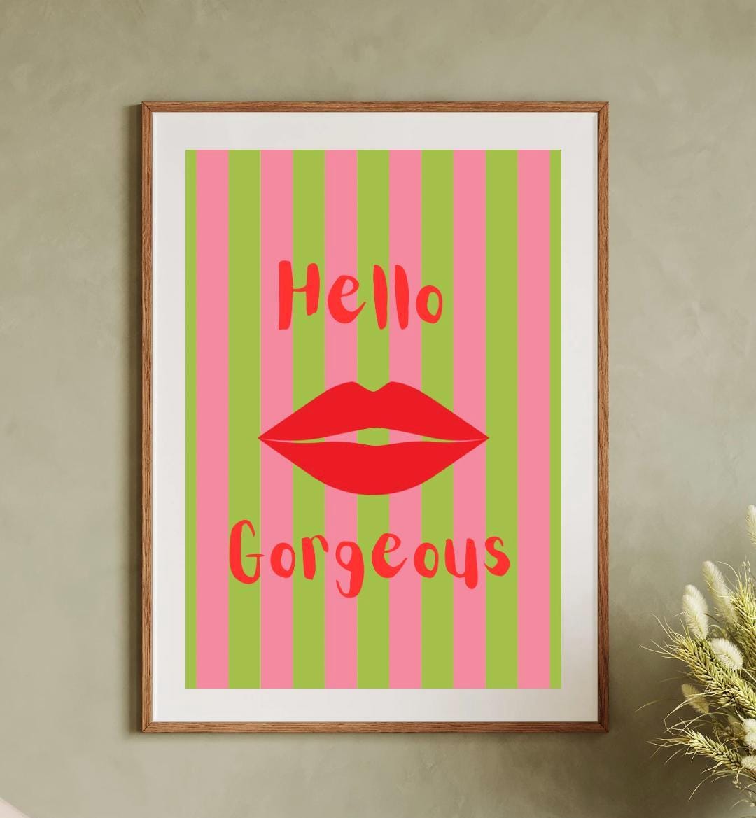 Hello Lips Print, Red & Green Stripe Wall Art