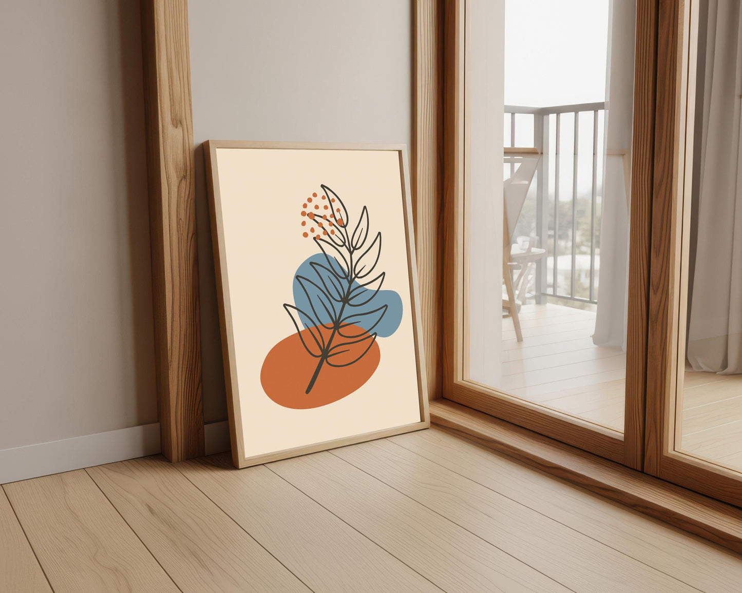 Abstract Botanical Wall Print: Beige, Blue & Orange Boho Decor