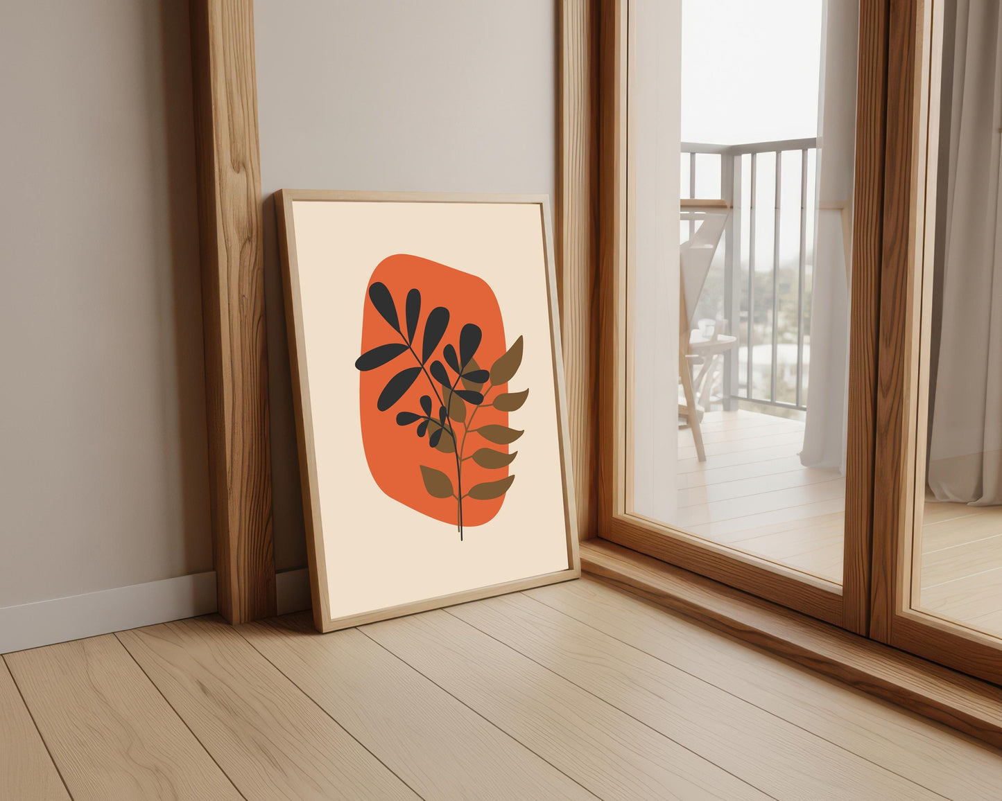 Abstract Botanical Wall Print: Beige, Orange & Blue Boho Decor