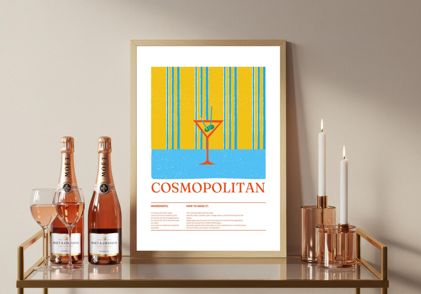 Cosmopolitan Cocktail Recipe Poster: Modern Bar Cart Art (A4/A3/A2/A1)