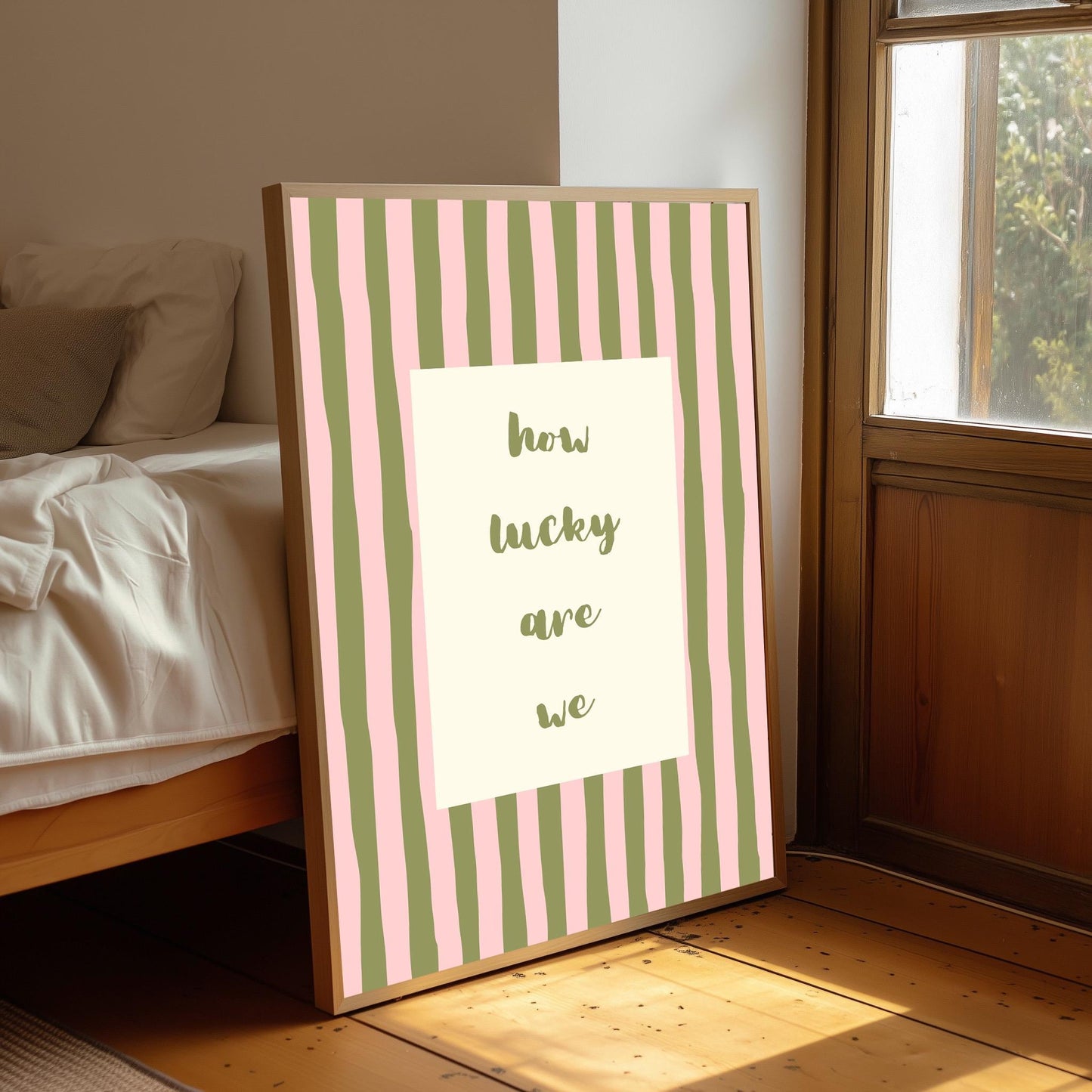 How Lucky Are We Print, Pink Green Stripe Uplifting Quote Poster