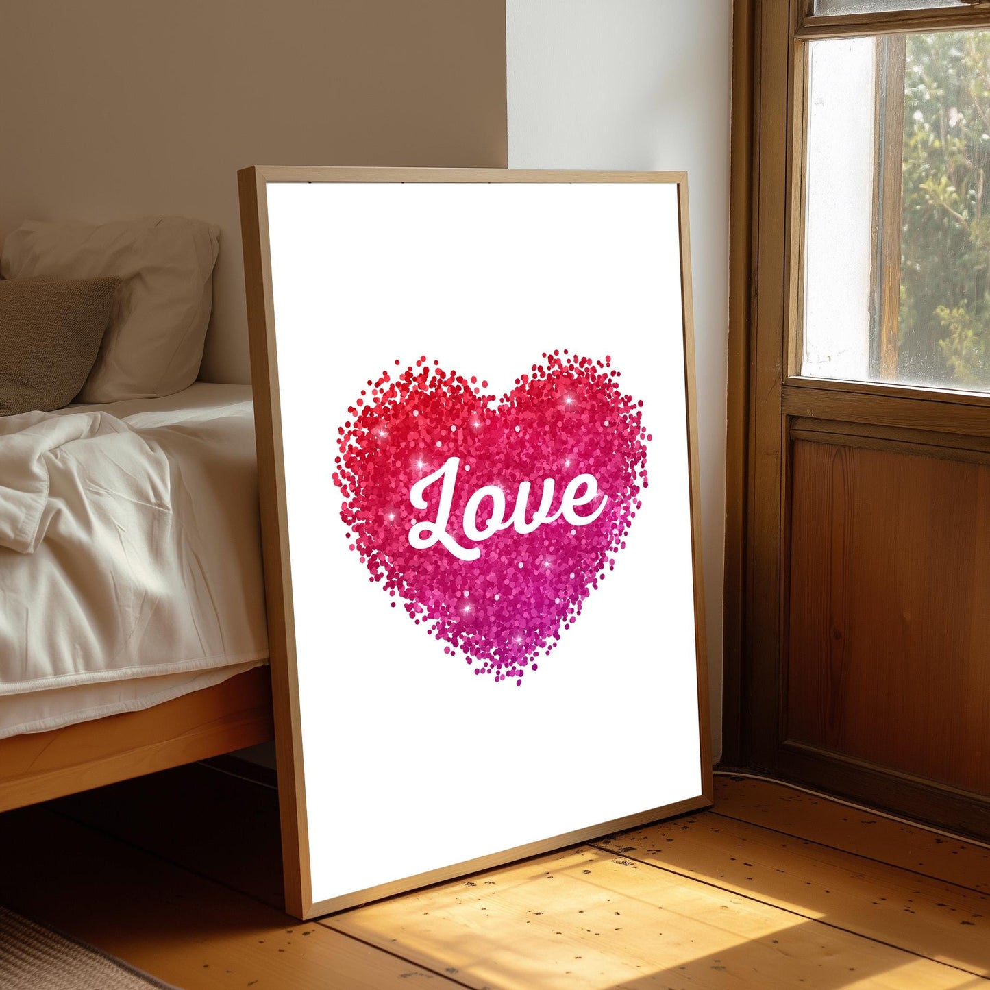Love Heart Print: Ombre Glitter Effect, Bedroom Wall Art