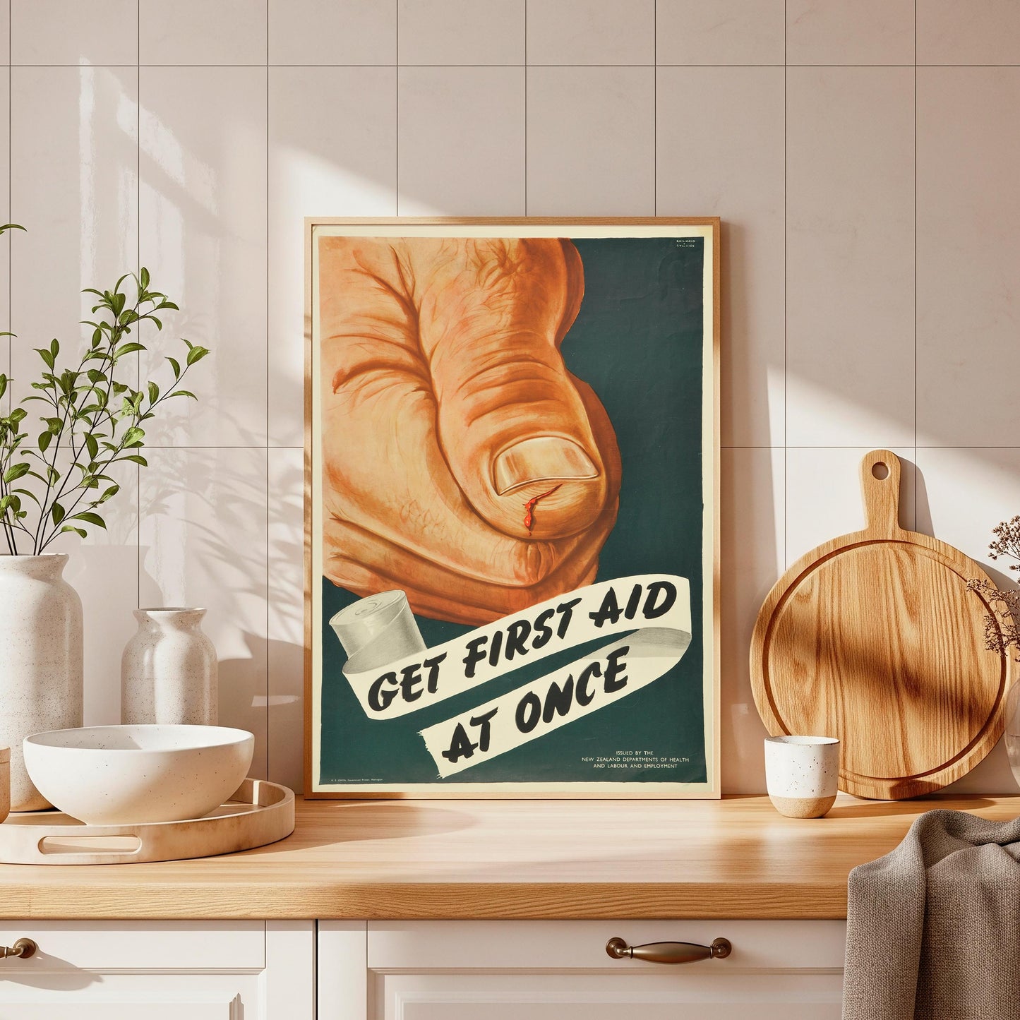 Vintage First Aid Poster: Rustic Farmhouse Kitchen Wall Art