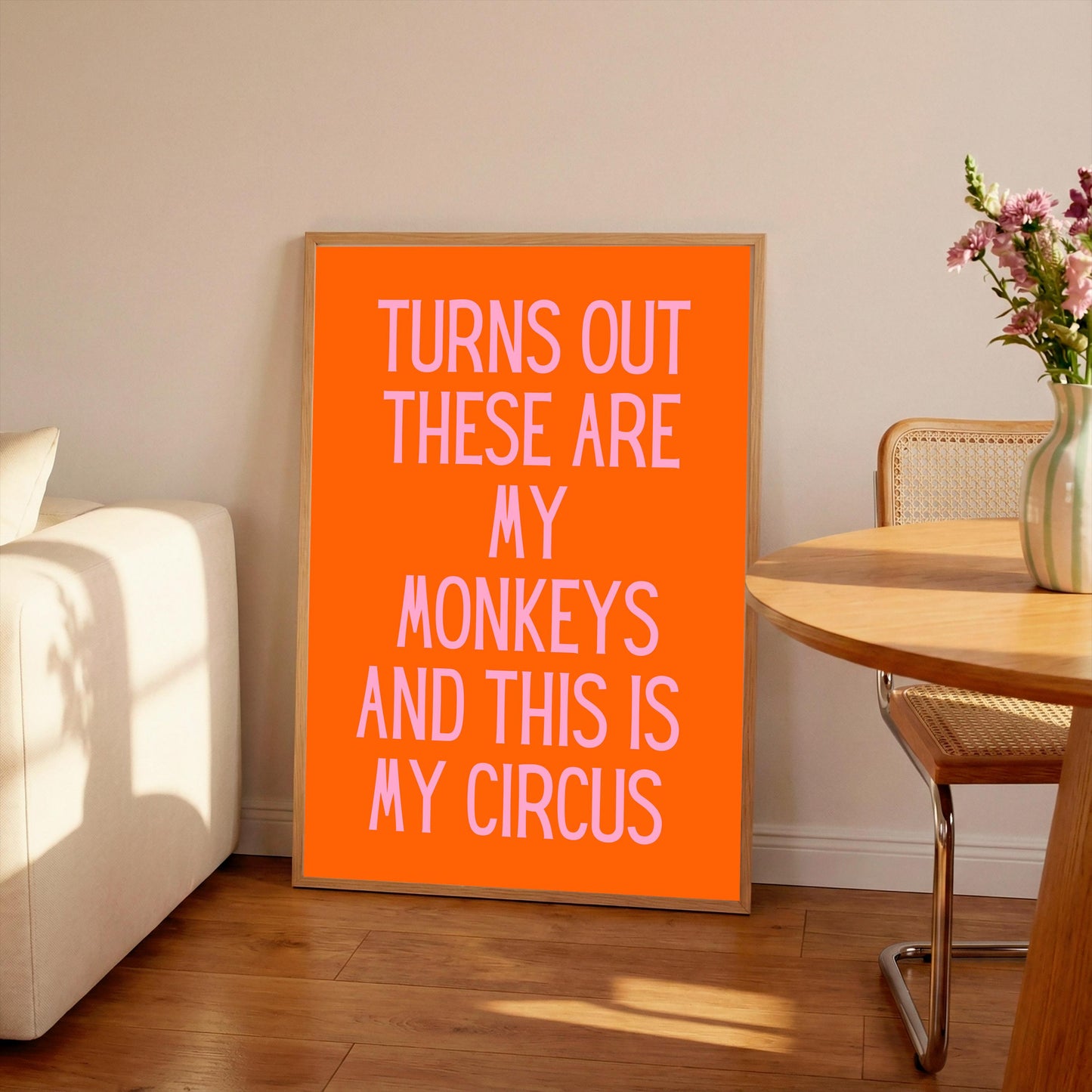 Funny Monkeys Circus Wall Print: Pink & Orange Typography (A4/A3)