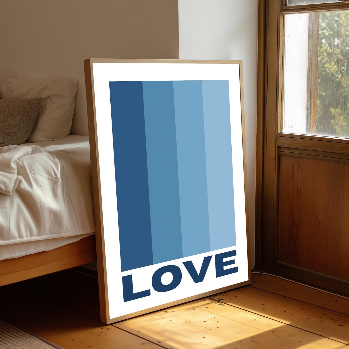 Blue Colour Block 'Love' Print: Retro Abstract Wall Art