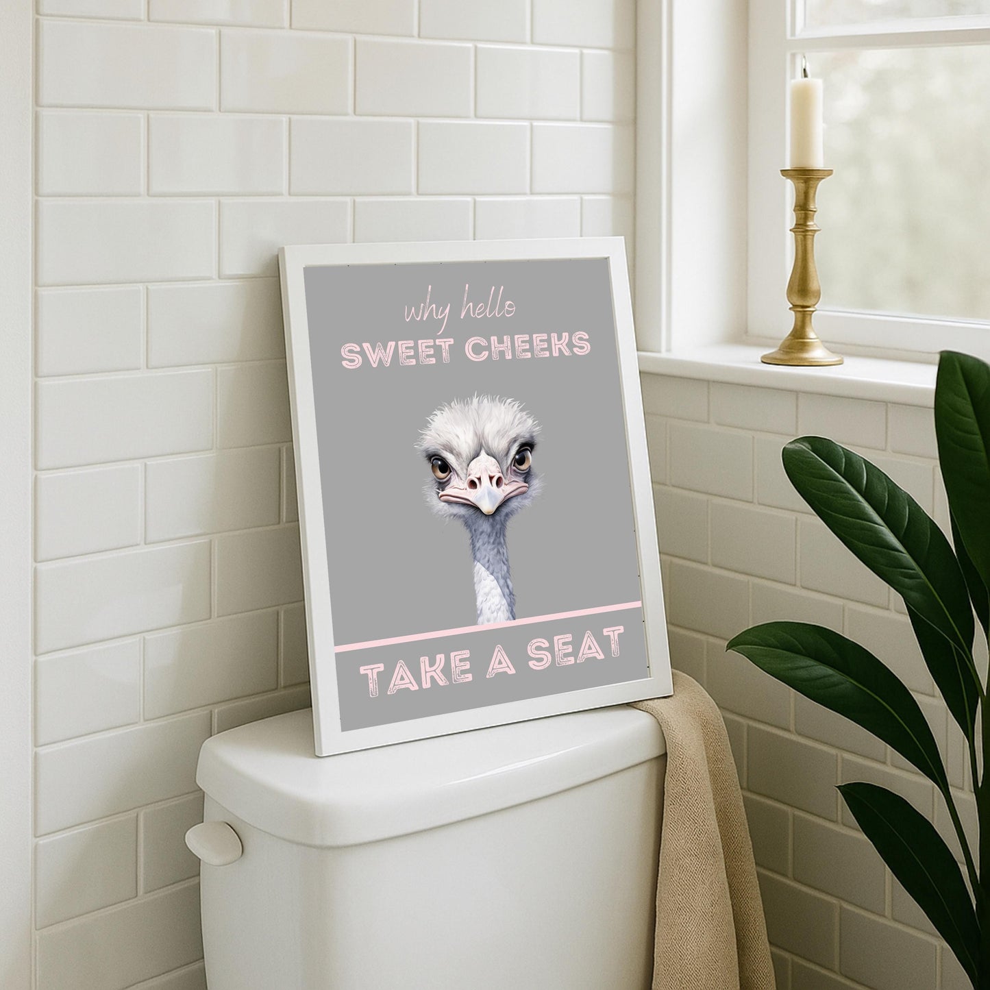 Funny Ostrich Bathroom Print: Hello Sweet Cheeks Wall Art