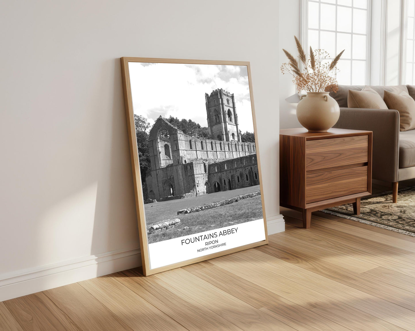Fountains Abbey Print: Black and White Photography, North Yorkshire
