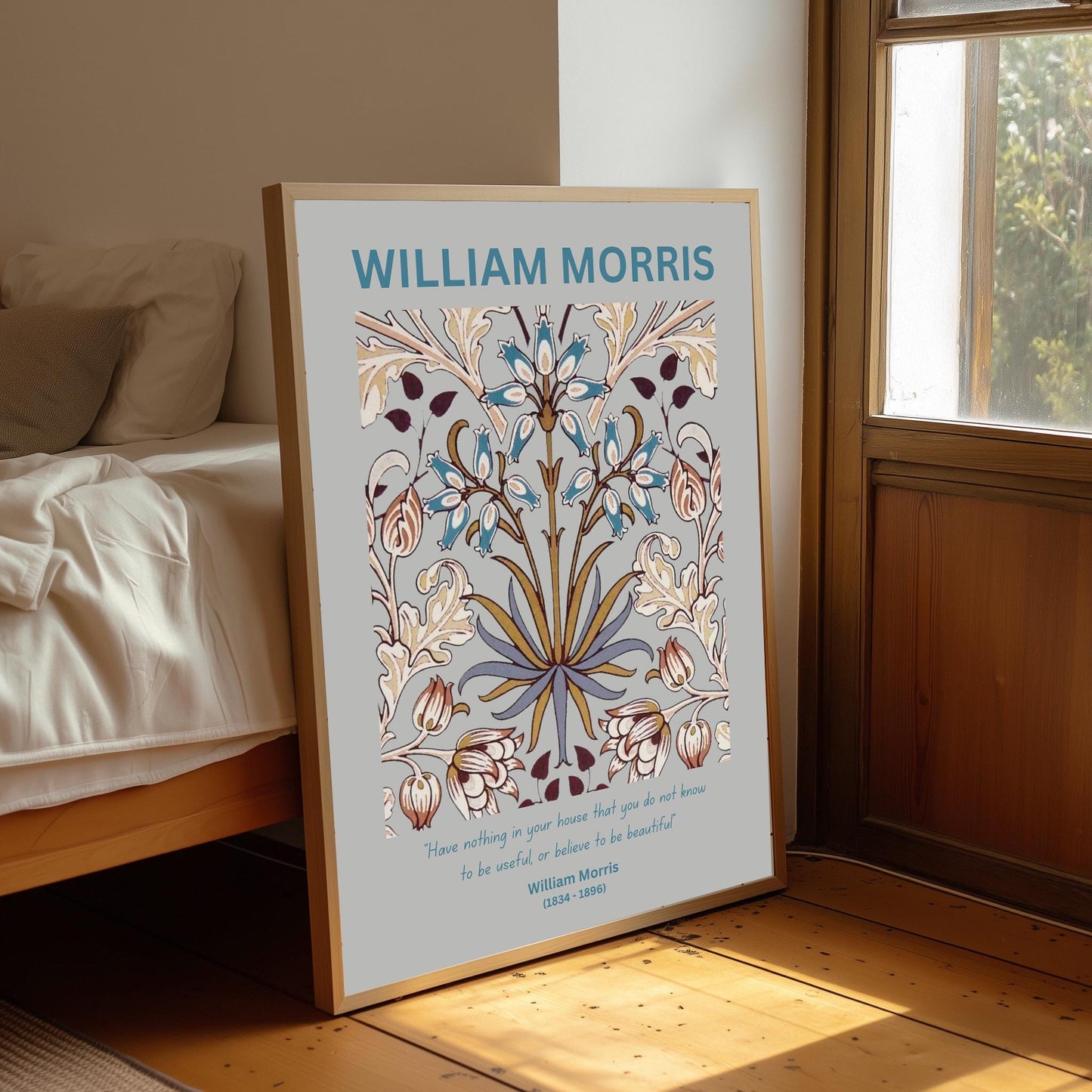 William Morris 'Hyacinth Grey' Art Print: Vintage Floral Exhibition Poster
