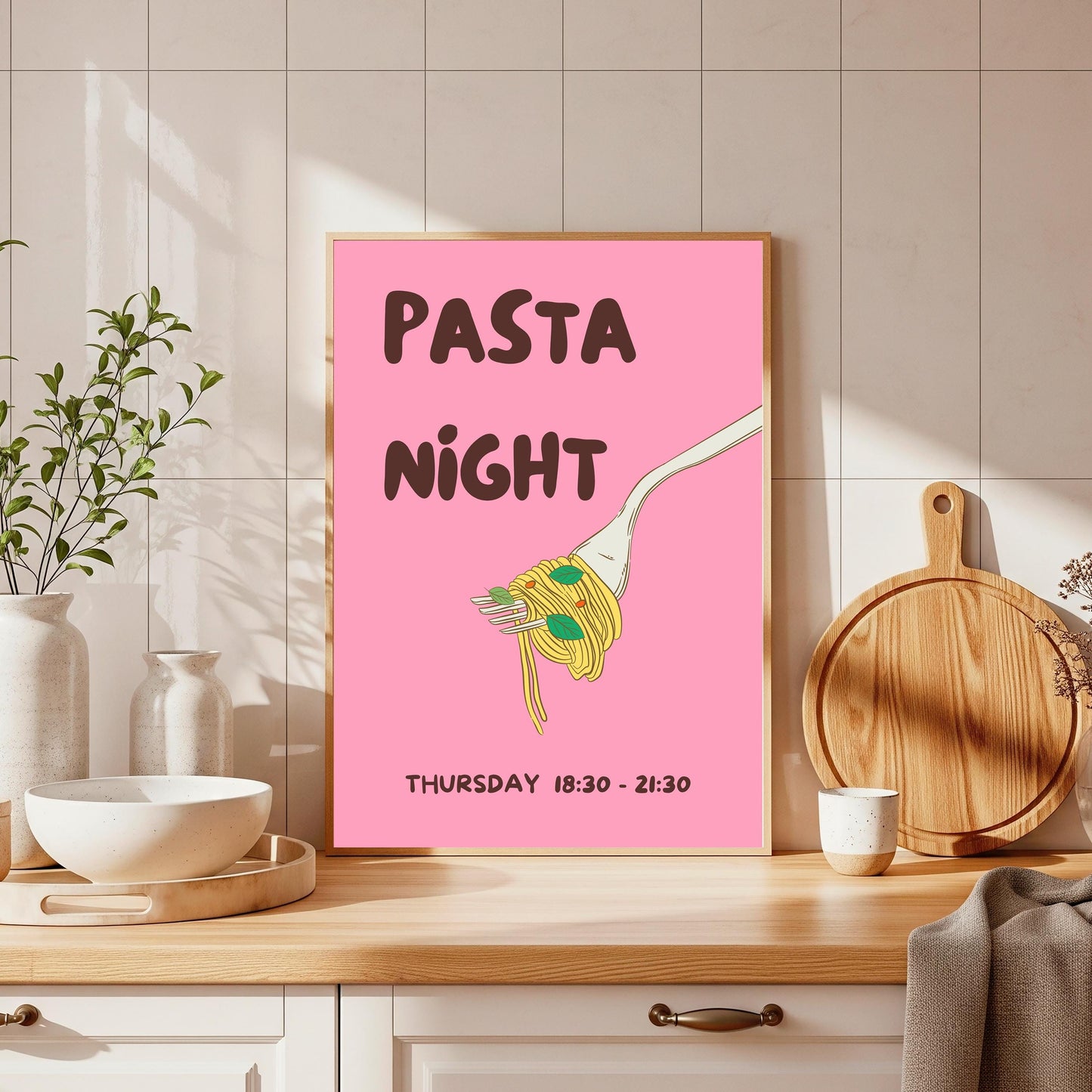 Pasta Night Kitchen Print: Retro Food Poster