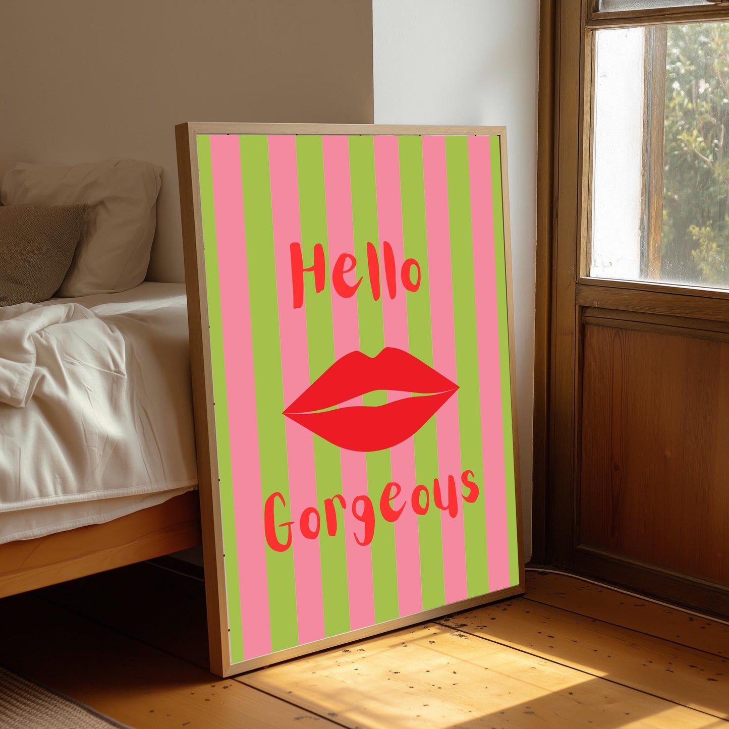 Hello Lips Print, Red & Green Stripe Wall Art