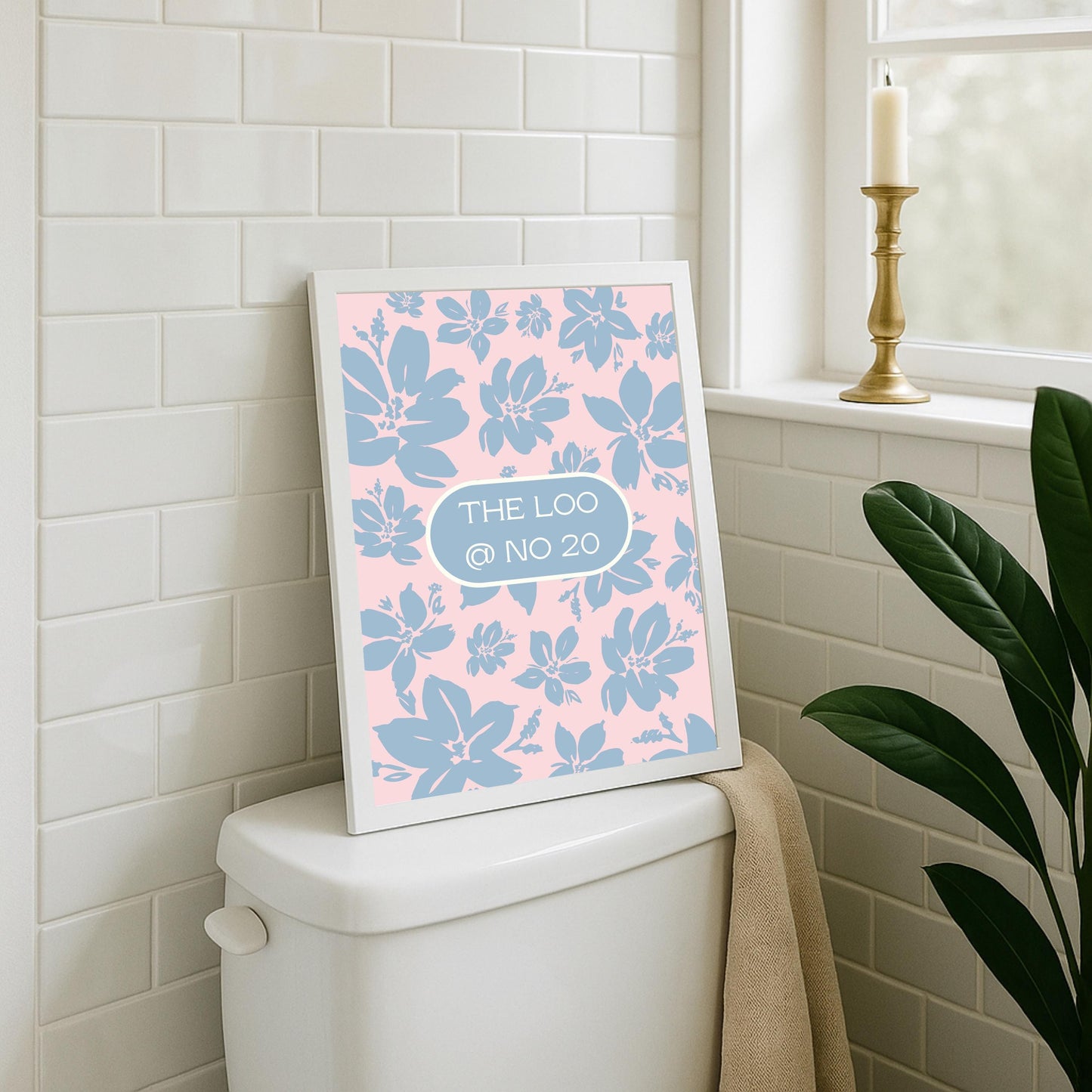 Personalized Bathroom Floral Print: Pink & Beige Bird Art