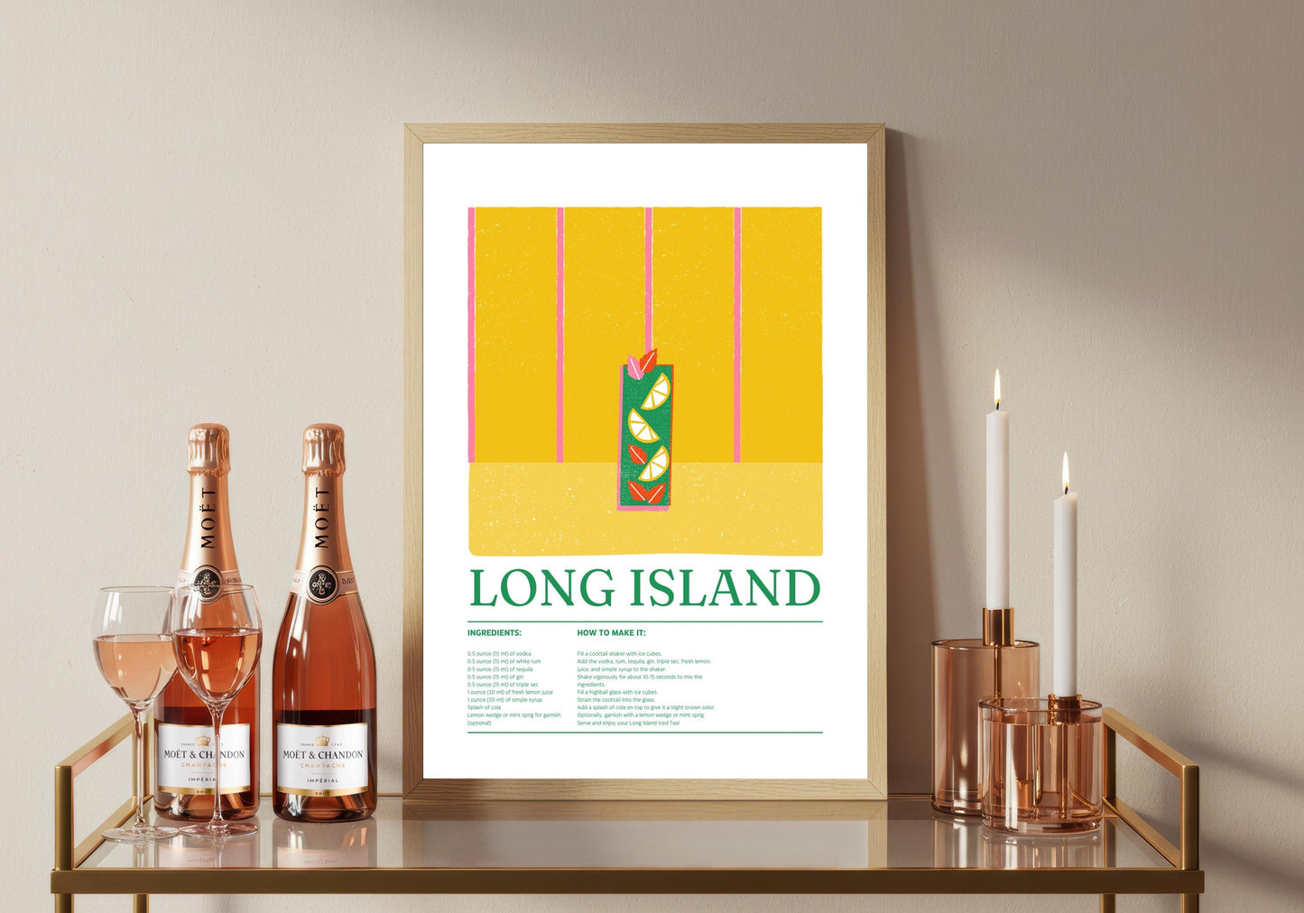 Long Island Cocktail Recipe Art Print: Modern Bar Cart Decor