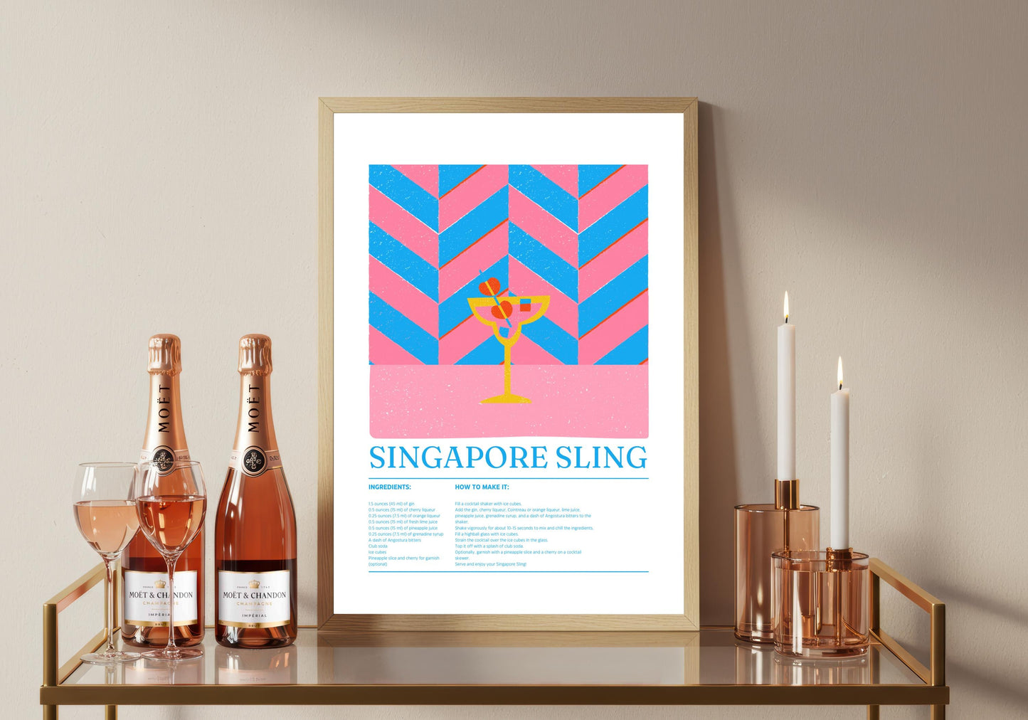 Singapore Sling Cocktail Print: Retro Bar Cart Decor