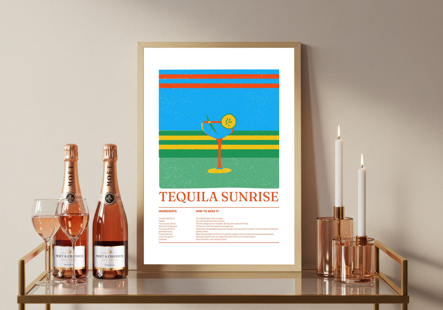 Tequila Sunrise Cocktail Print: Retro Bar Cart Art (A4/A3)
