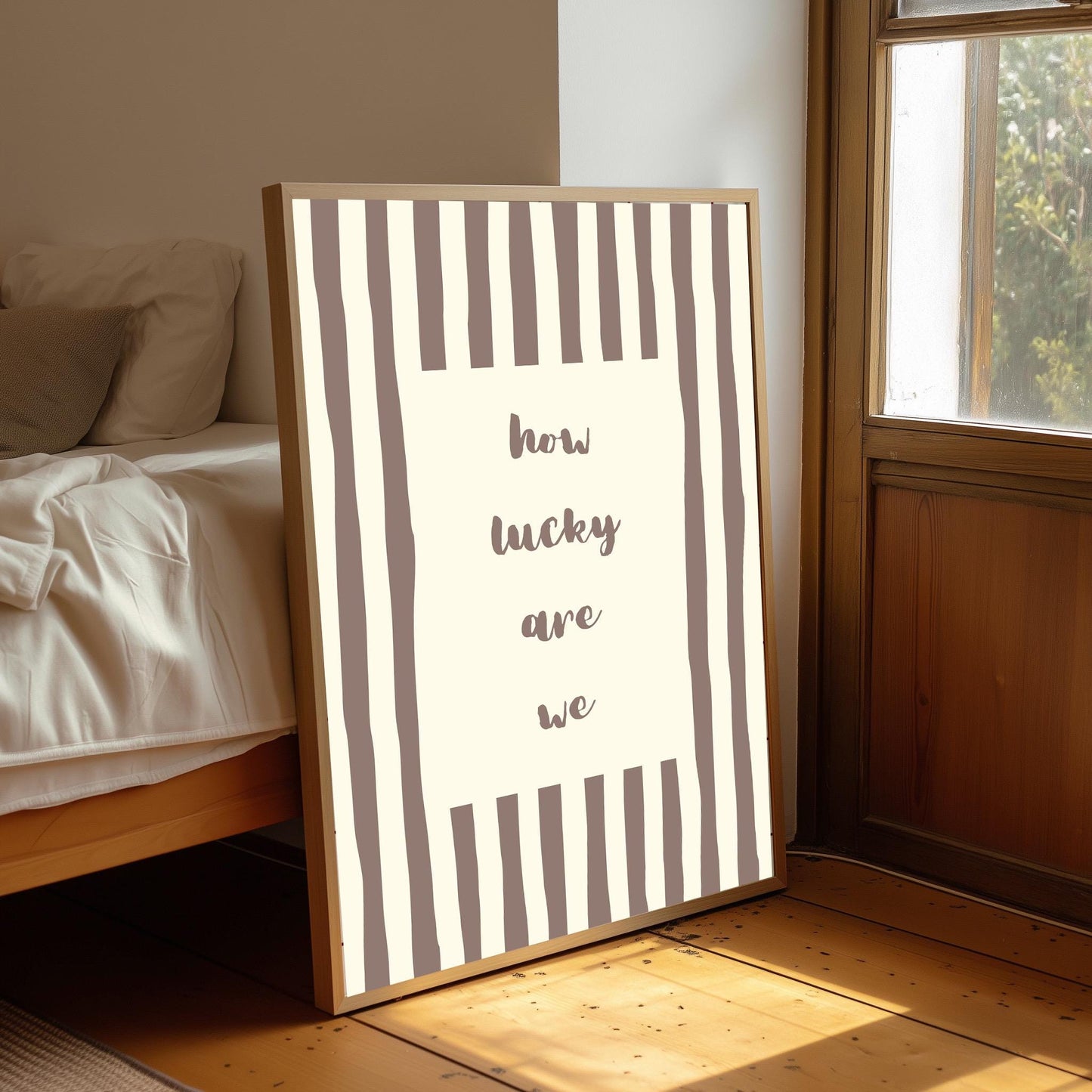 How Lucky Are We Print, Pink Green Stripe Uplifting Quote Poster