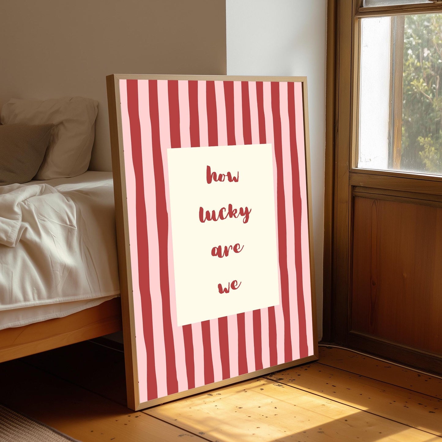 How Lucky Are We Print, Pink Green Stripe Uplifting Quote Poster