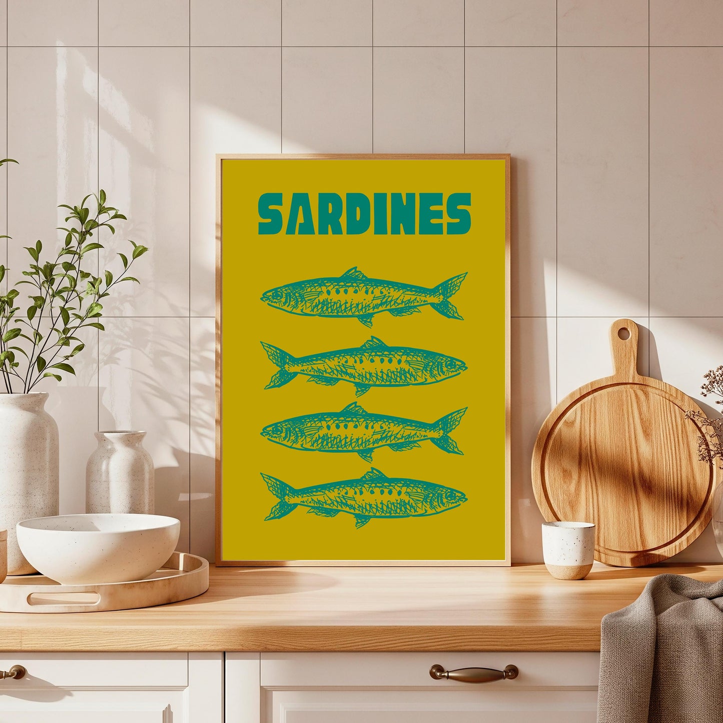 Sardines Retro Kitchen Wall Print: Lime and Turquoise Fish Art