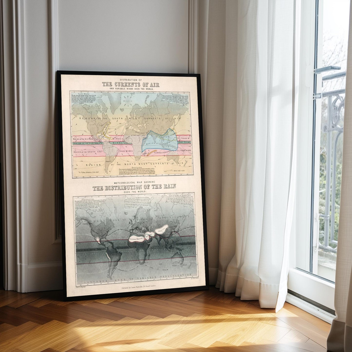 Vintage World Map Print: Currents of Air & Rain Distribution