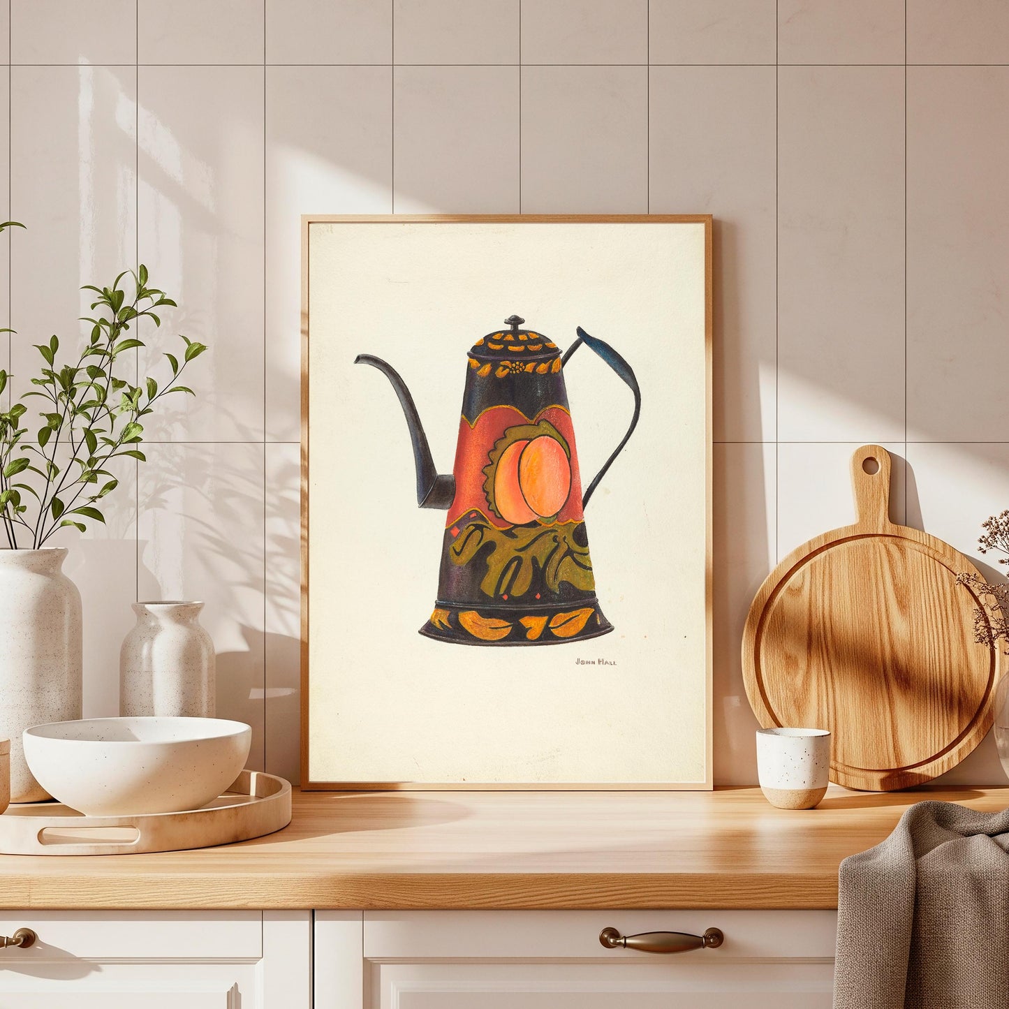 Vintage Toleware Coffee Pot Print: Farmhouse Kitchen Wall Art (A4/A3 Portrait)