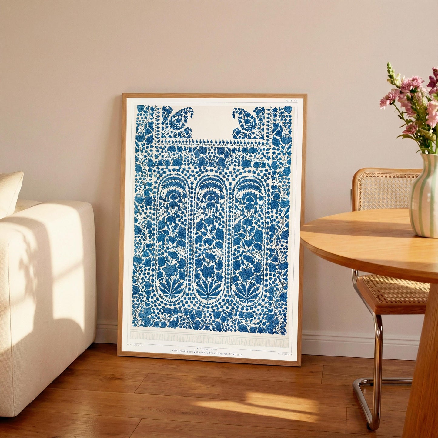 Vintage Indian Textile Art Print: Blue Floral Scarf Design (Unframed)