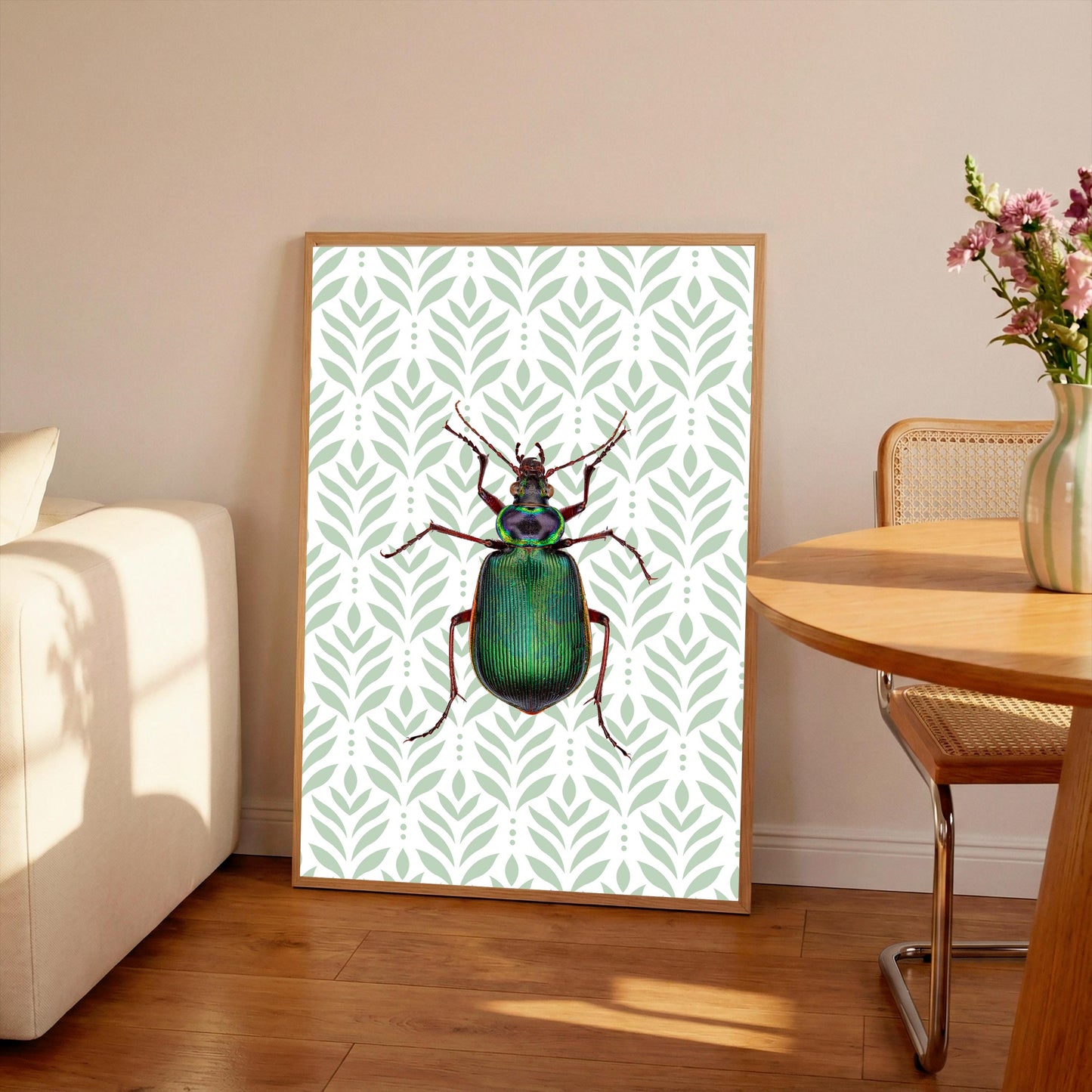 Beetle Print: Green Insect Poster, Botanical Wall Art