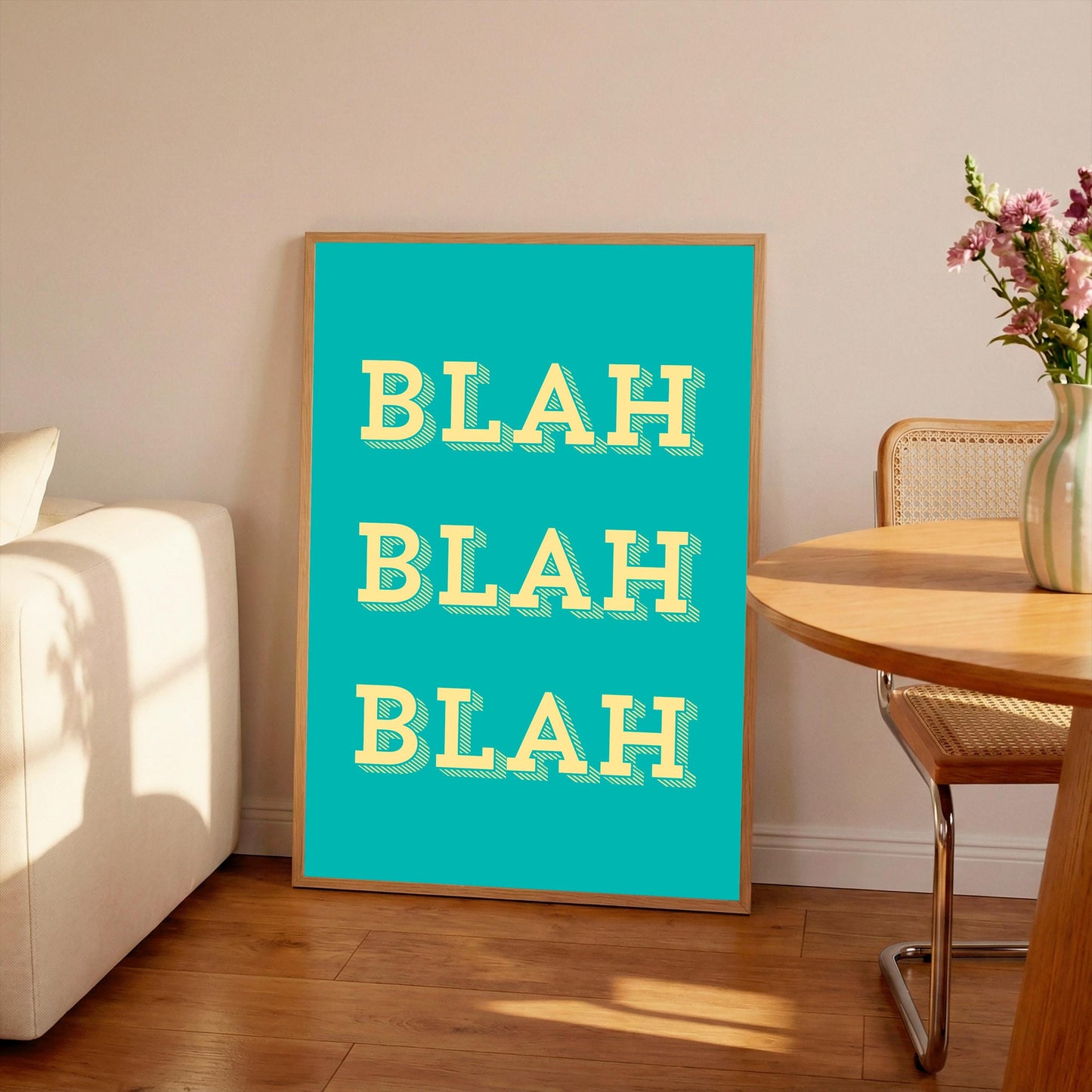 Blah Typography Art Print, Turquoise and Yellow