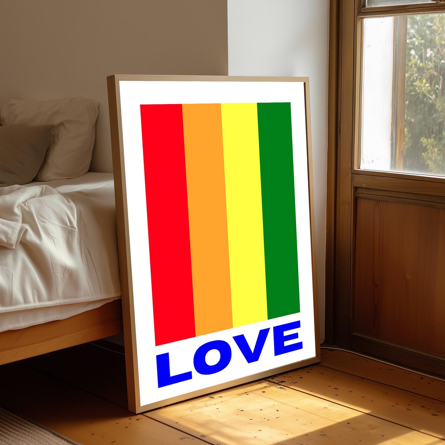 Blue Colour Block 'Love' Print: Retro Abstract Wall Art