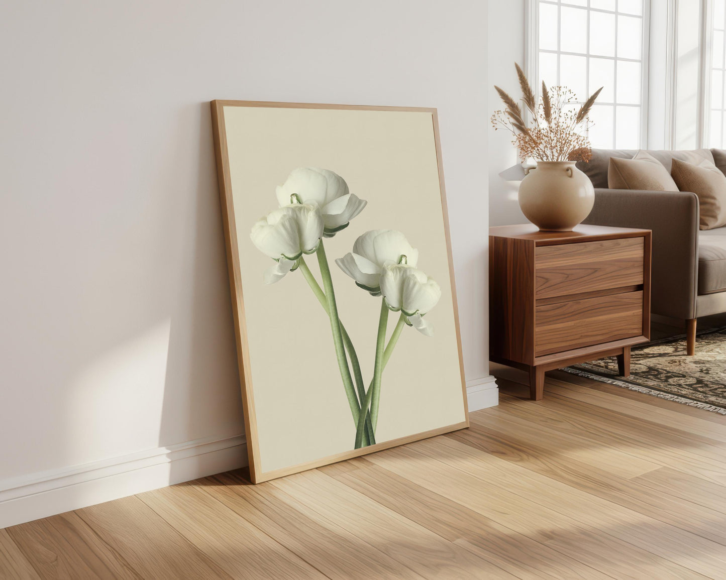 White Ranunculus Flower Print: Minimalist Floral Wall Art
