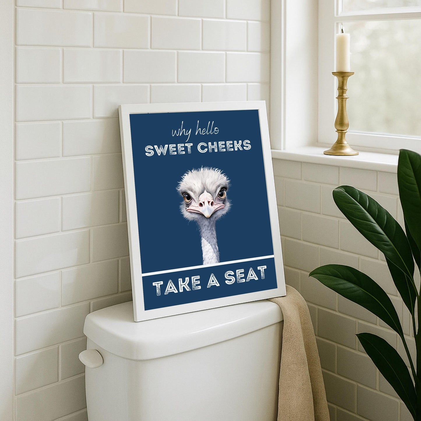 Funny Ostrich Bathroom Print: Hello Sweet Cheeks, Take a Seat