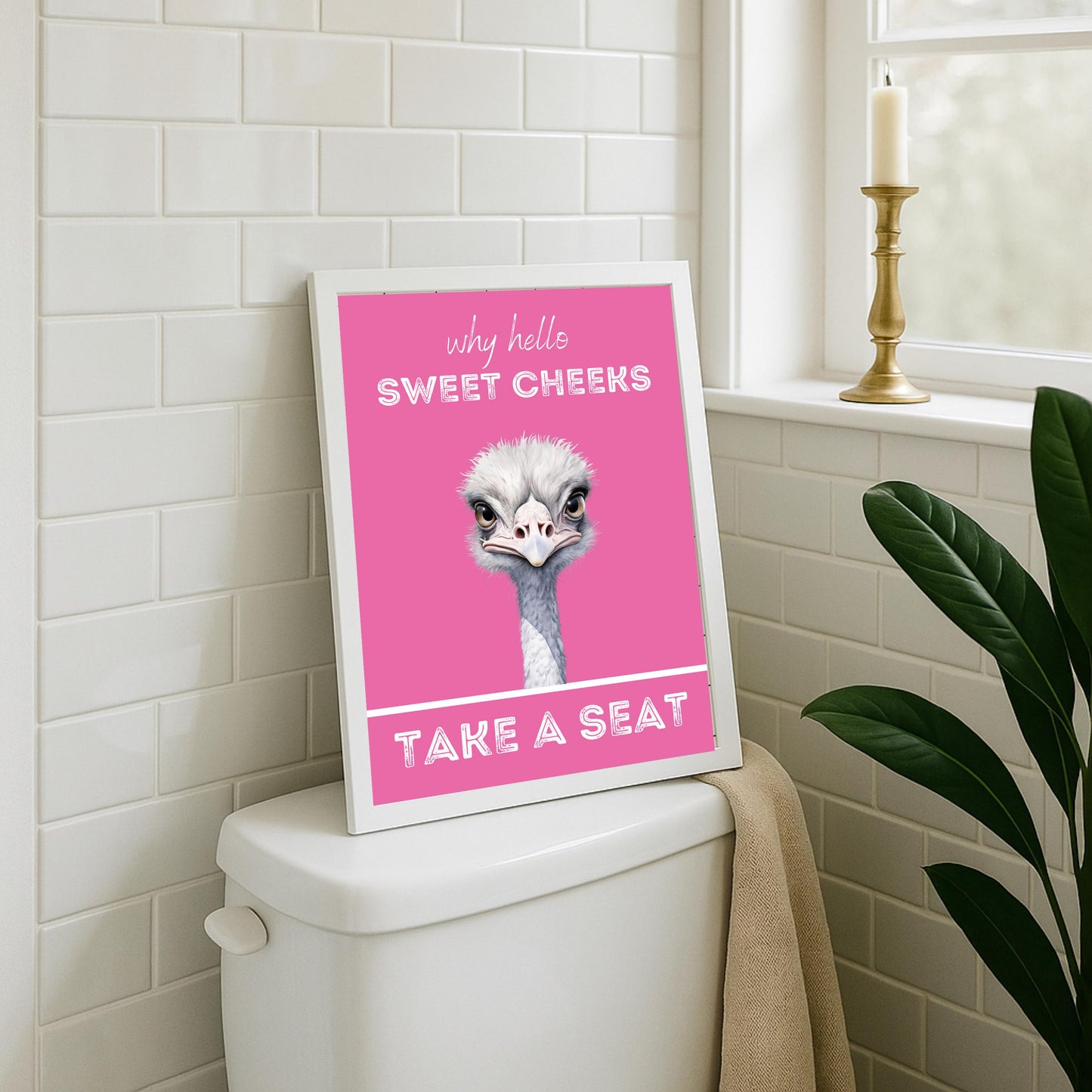 Funny Ostrich Bathroom Print: Hello Sweet Cheeks, Toilet Wall Art
