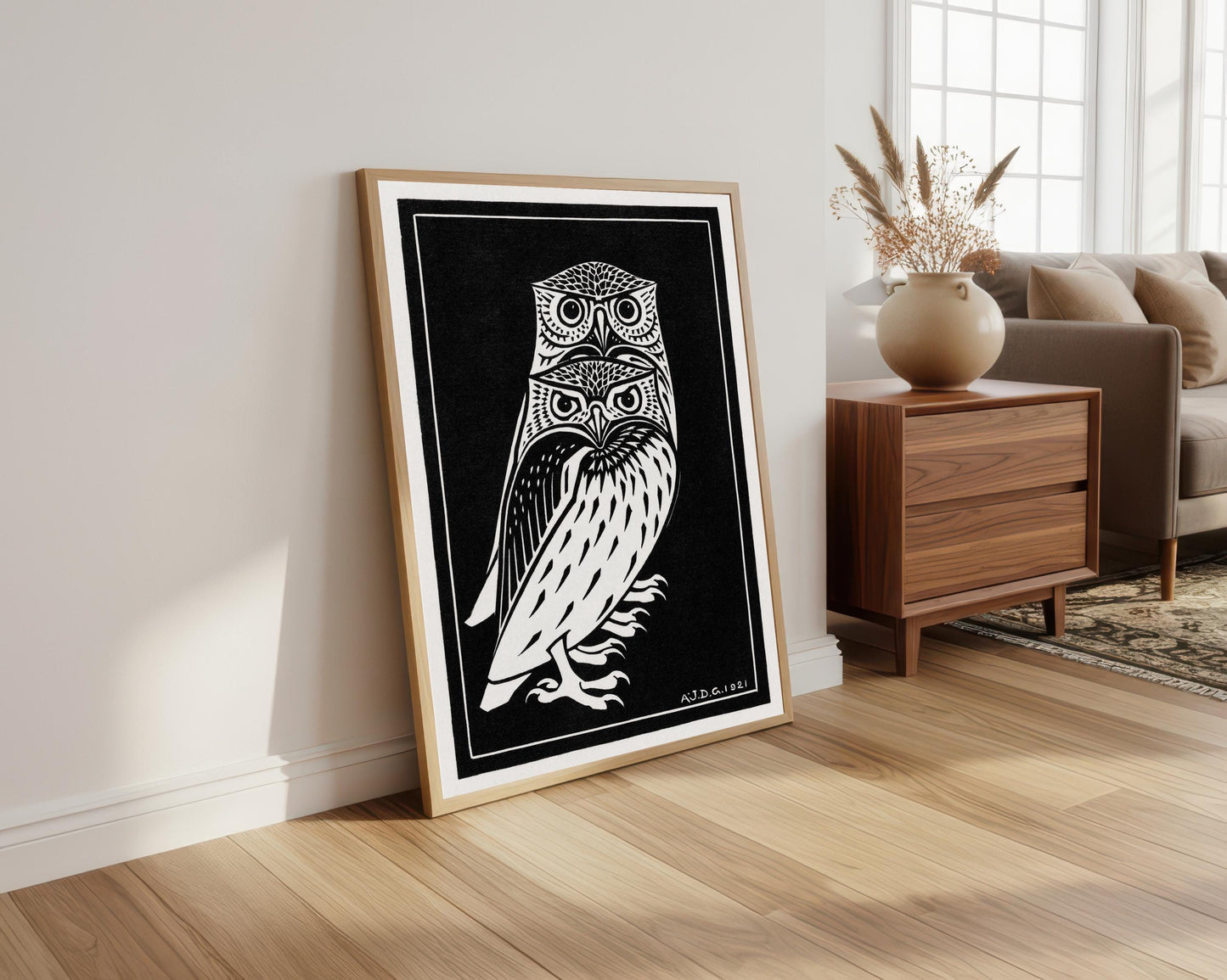 Two Owls Print: Vintage Art Nouveau Poster, Black and White