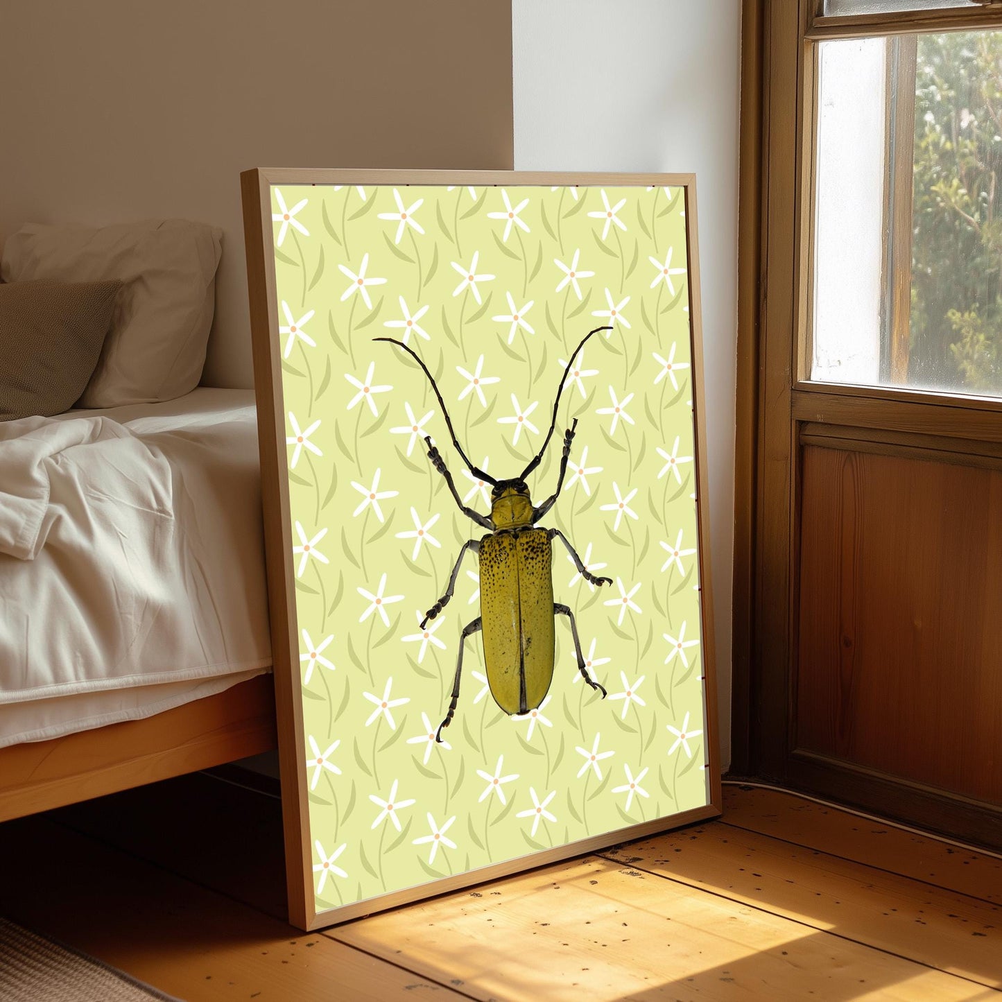Insect Print: Yellow Beetle Illustration, Botanical Art Poster