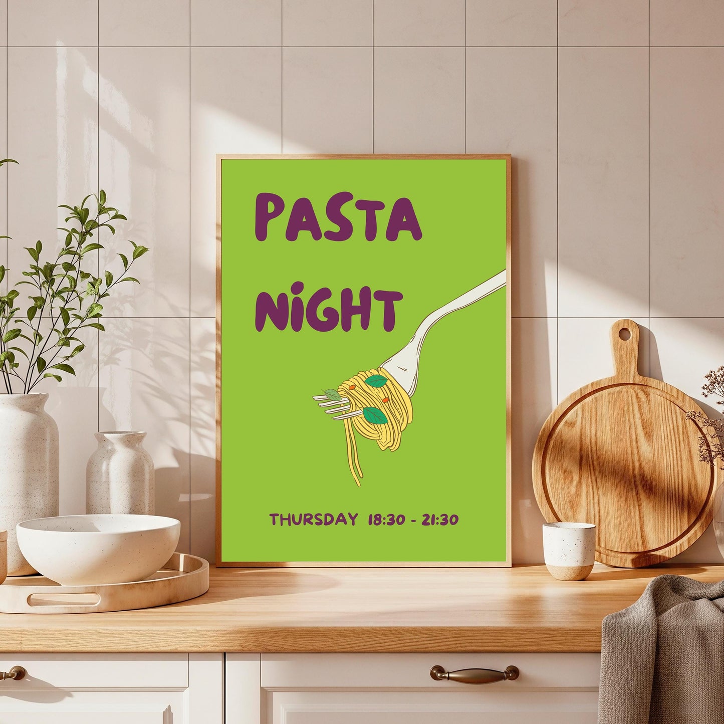 Pasta Night Kitchen Print: Retro Italian Food Poster