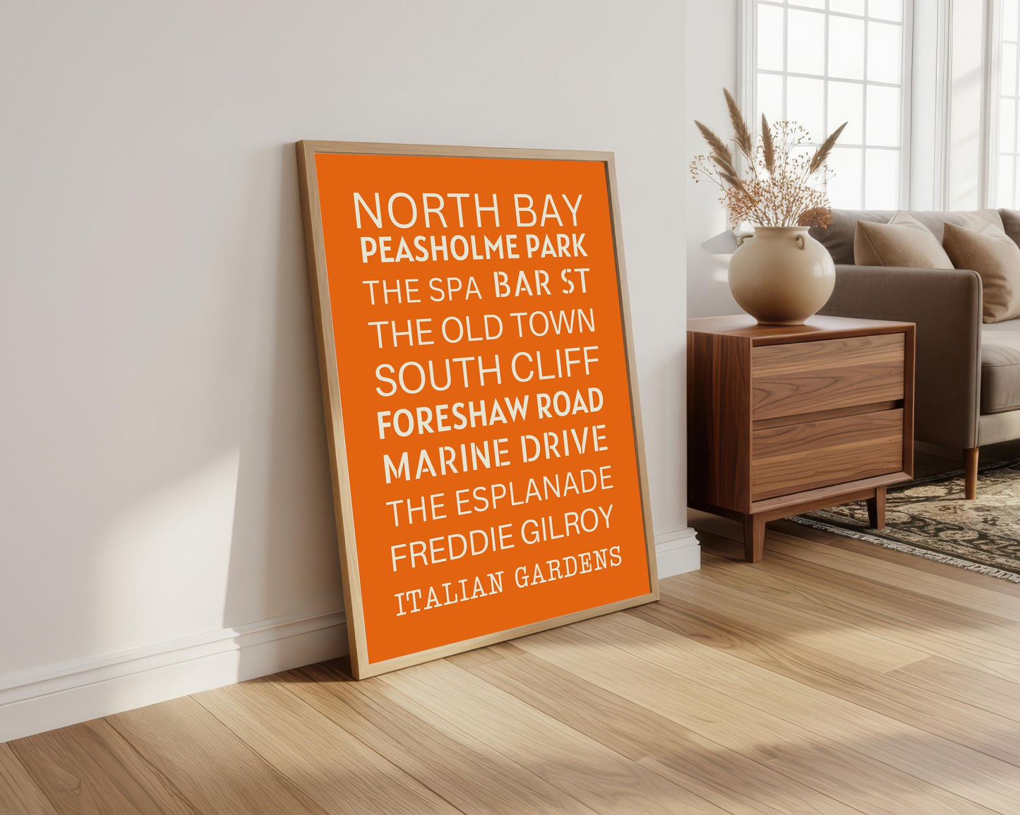 Scarborough Typography Print: Seaside Road Names, Orange Hallway Art