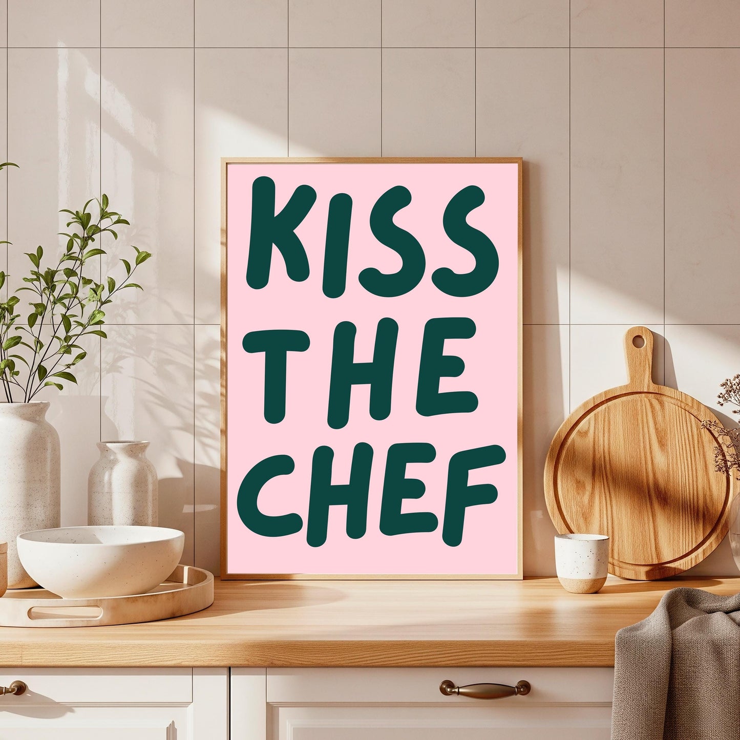 Kiss The Chef Kitchen Poster: Retro Foodie Wall Art