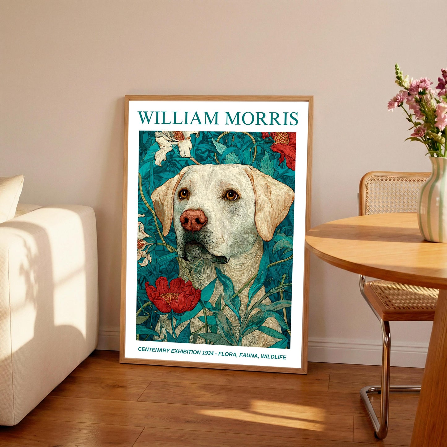 William Morris Floral, Fauna, Wildlife Print: Art Nouveau Home Decor, Yellow Labrador