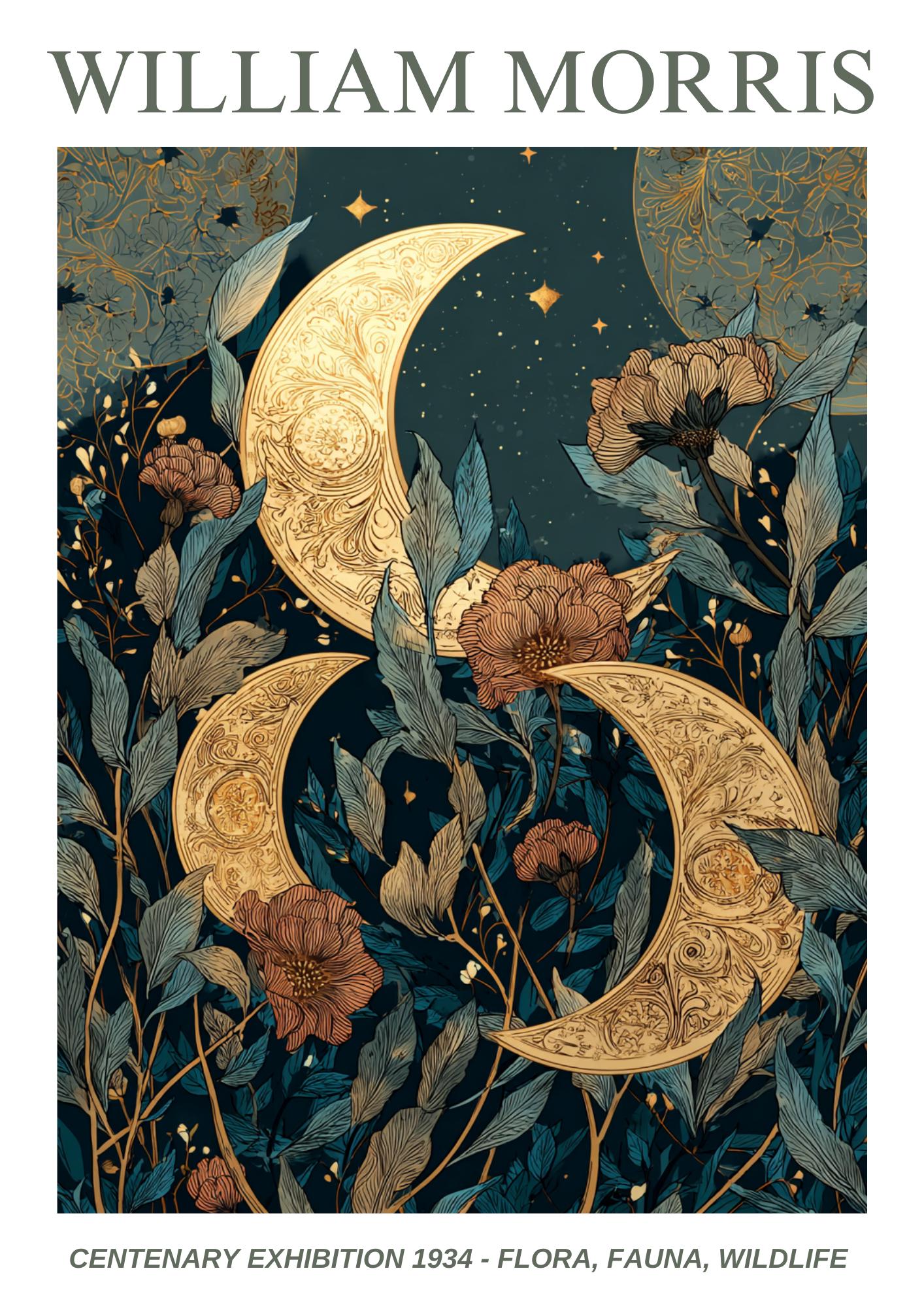 William Morris Floral, Fauna, Wildlife Print: Art Nouveau Home DecorMoon and Stars