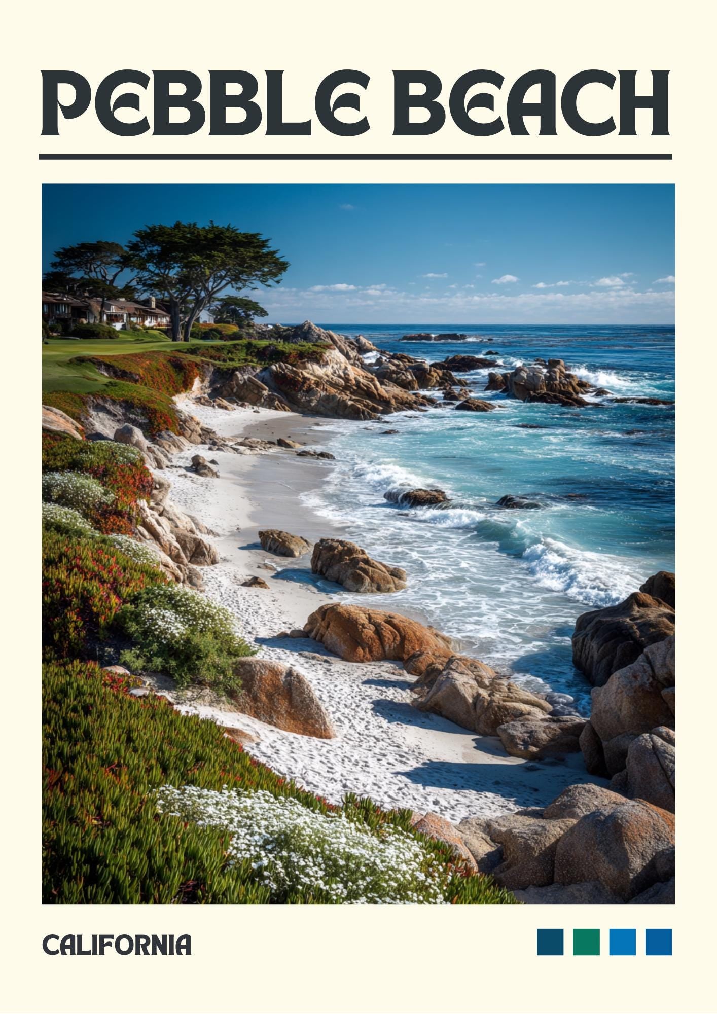 Pebble Beach Art Print, California Travel Poster