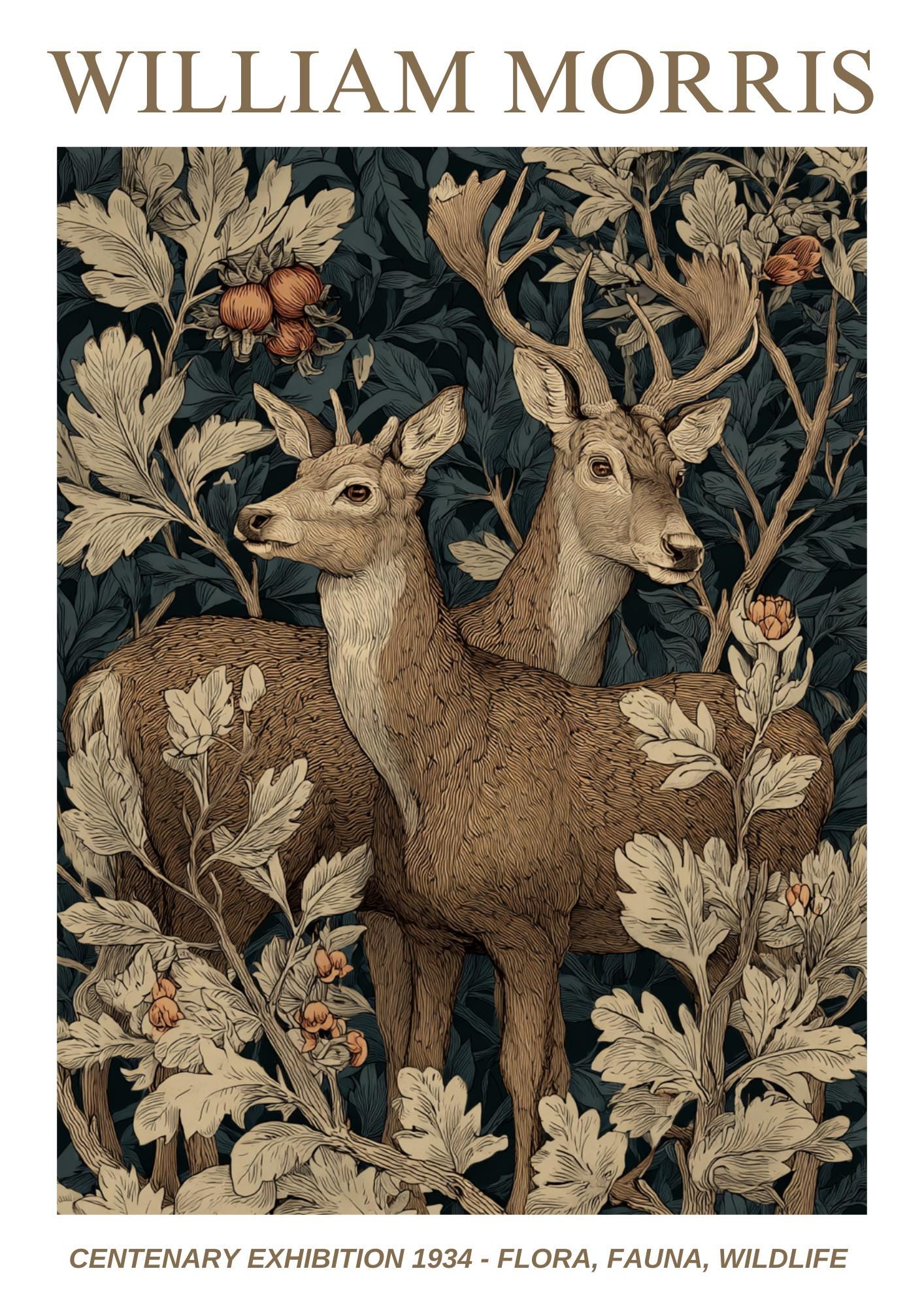 William Morris Floral, Fauna, Wildlife Print: Art Nouveau Home Decor, Deer