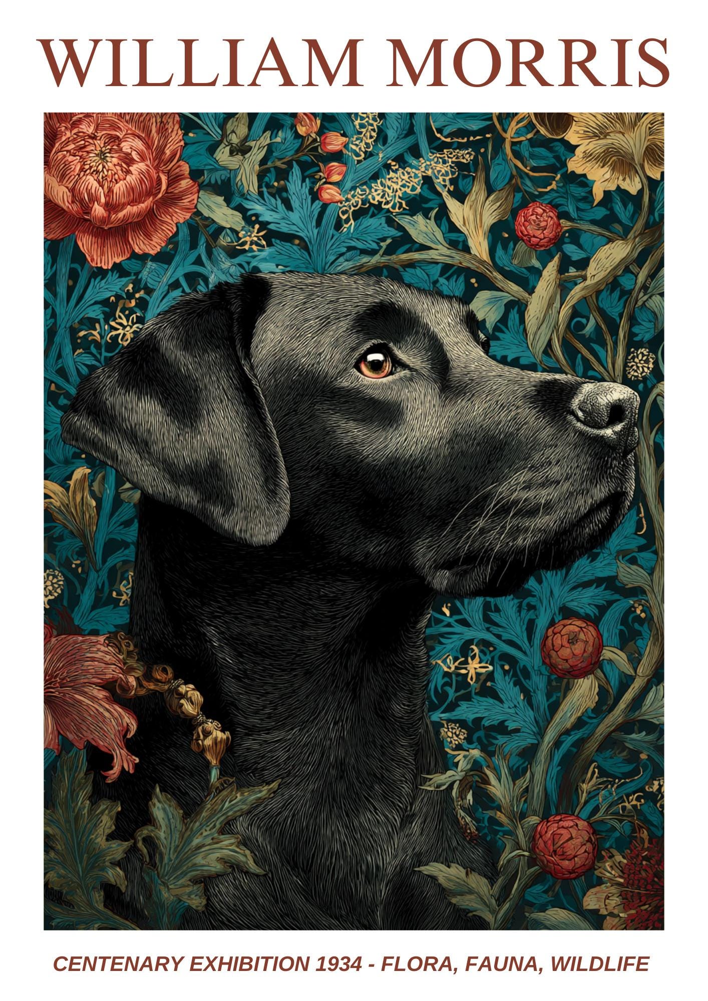 William Morris Floral, Fauna, Wildlife Print: Art Nouveau Home Decor, Black Labrador
