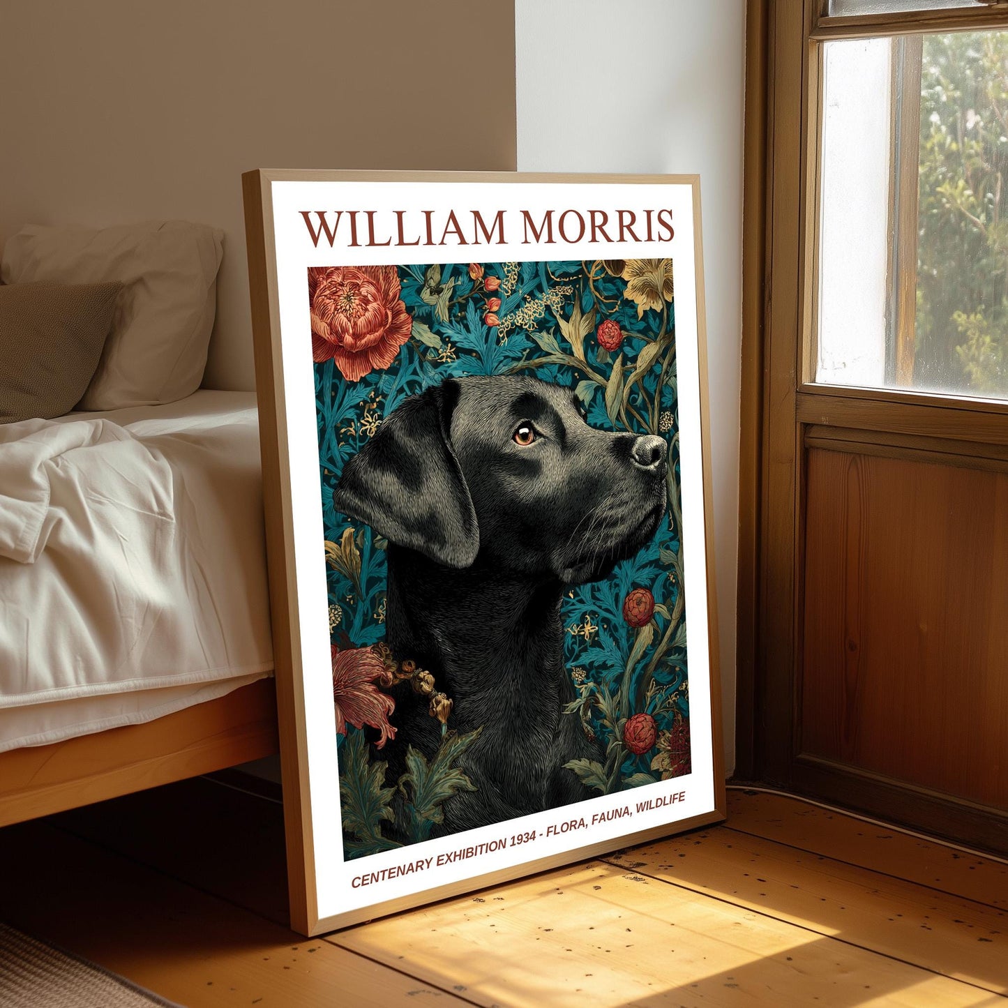 William Morris Floral, Fauna, Wildlife Print: Art Nouveau Home Decor, Black Labrador