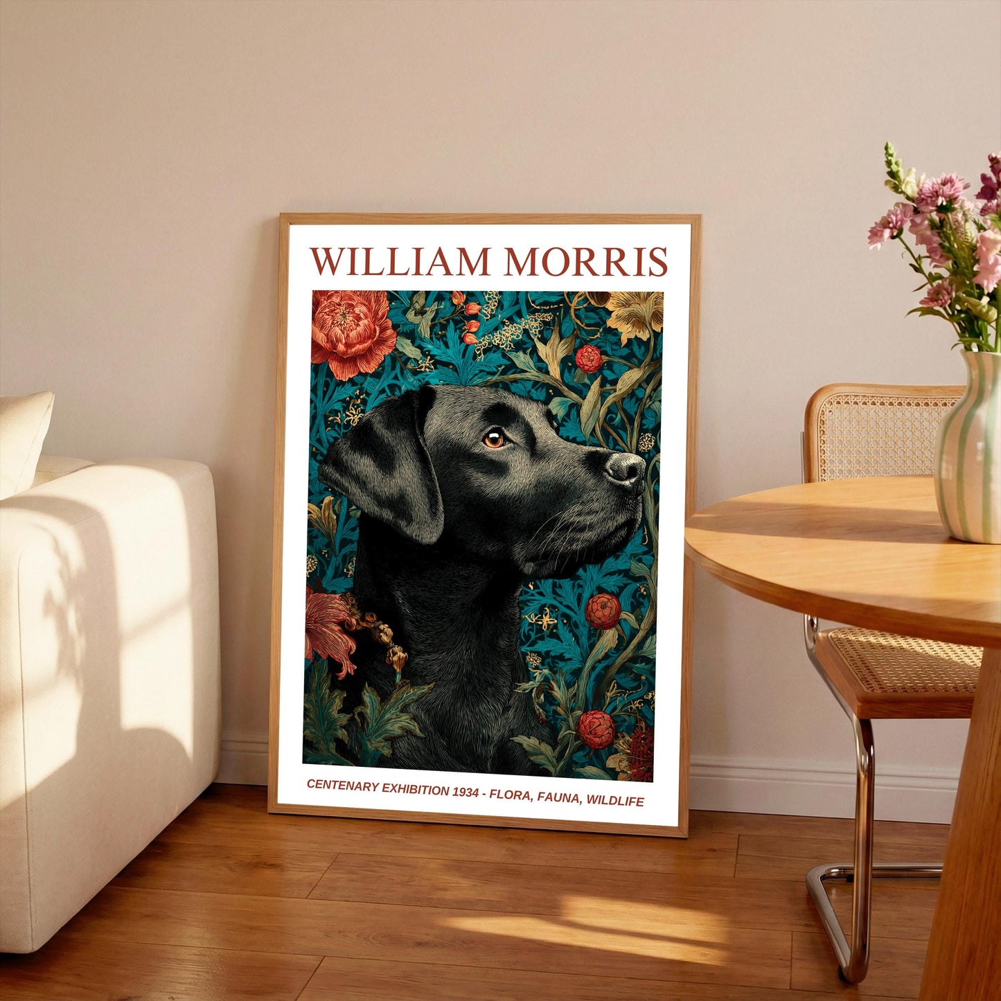 William Morris Floral, Fauna, Wildlife Print: Art Nouveau Home Decor, Black Labrador