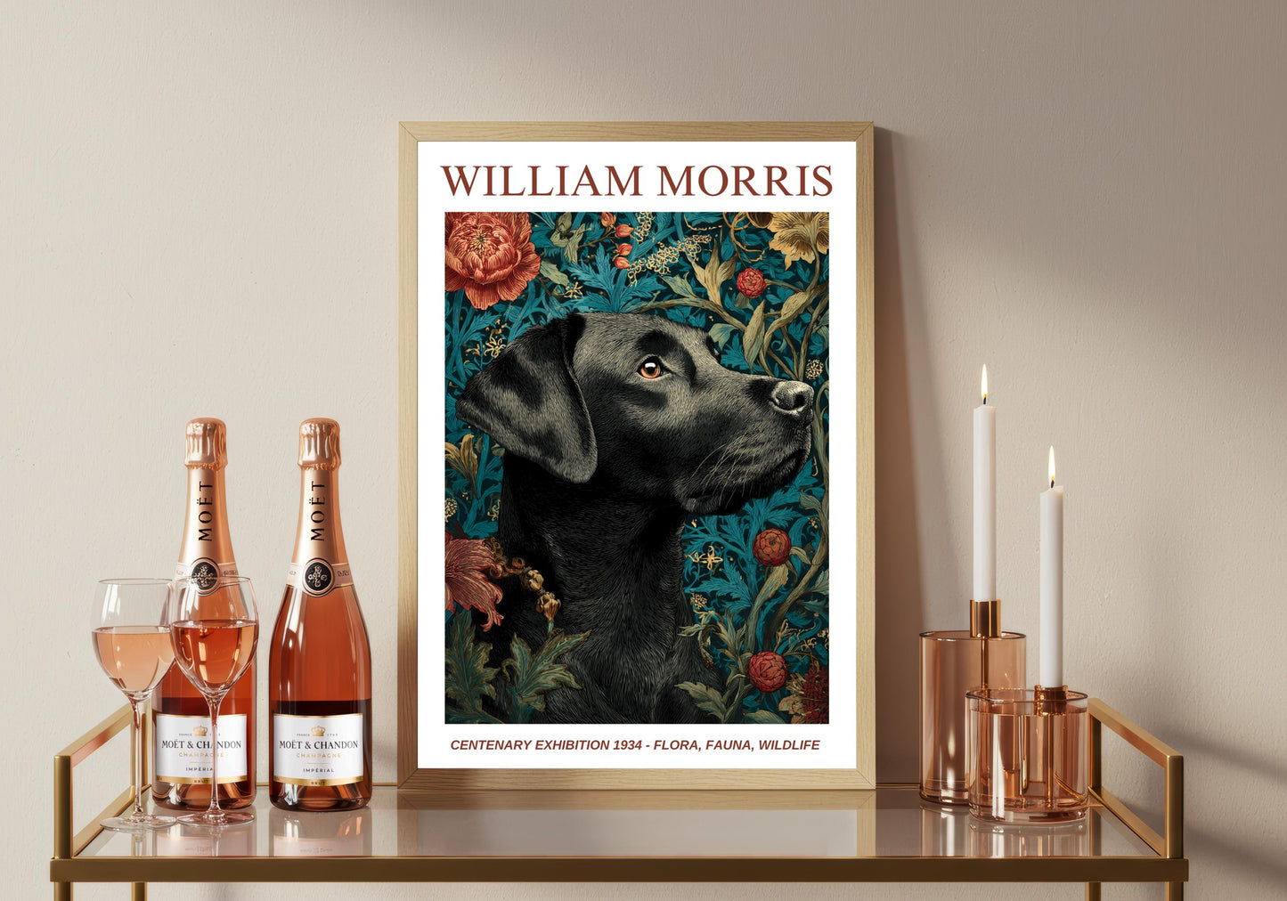 William Morris Floral, Fauna, Wildlife Print: Art Nouveau Home Decor, Black Labrador