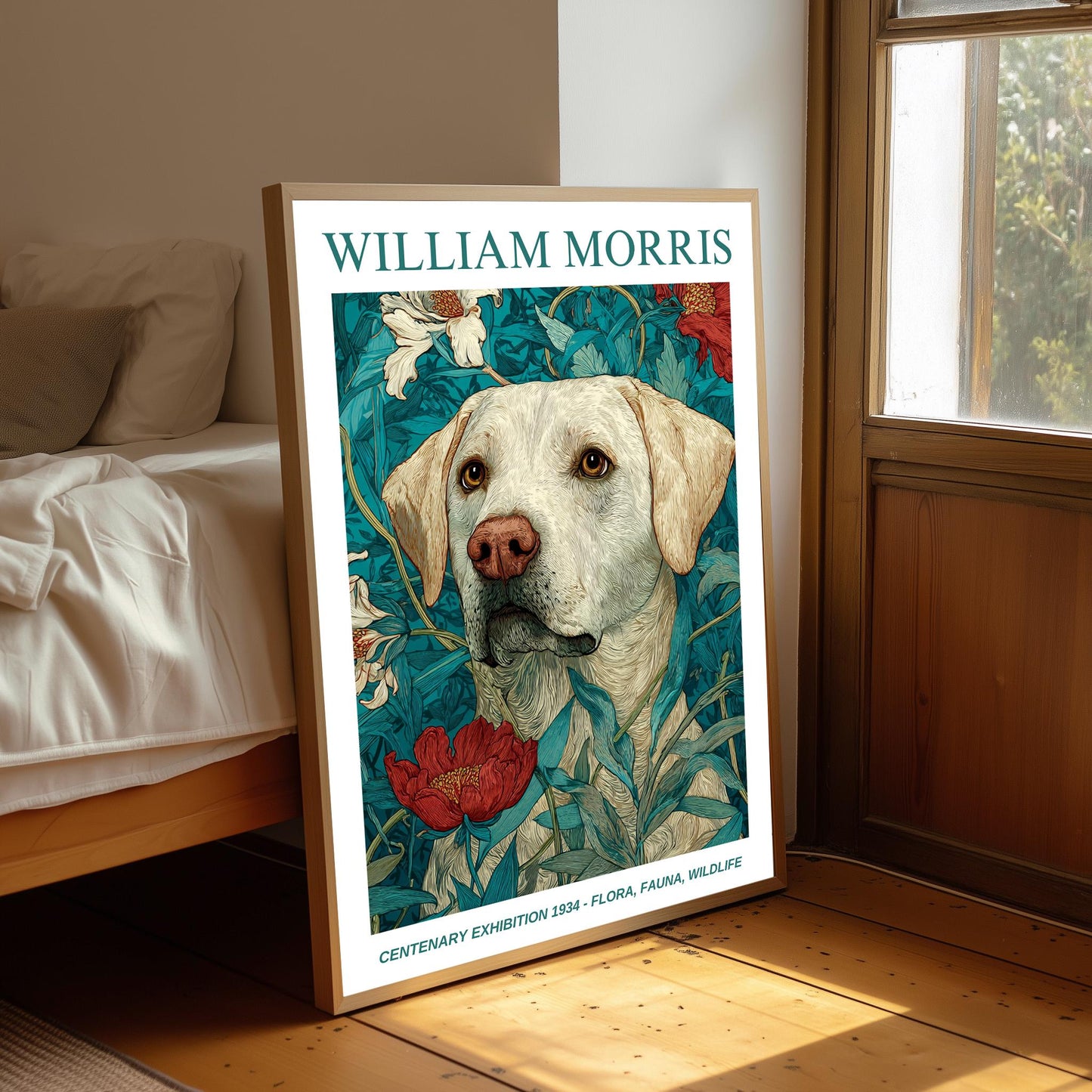 William Morris Floral, Fauna, Wildlife Print: Art Nouveau Home Decor, Yellow Labrador