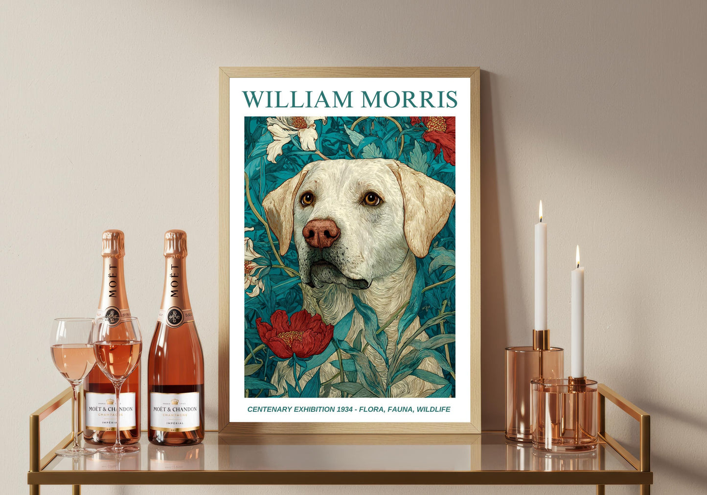 William Morris Floral, Fauna, Wildlife Print: Art Nouveau Home Decor, Yellow Labrador