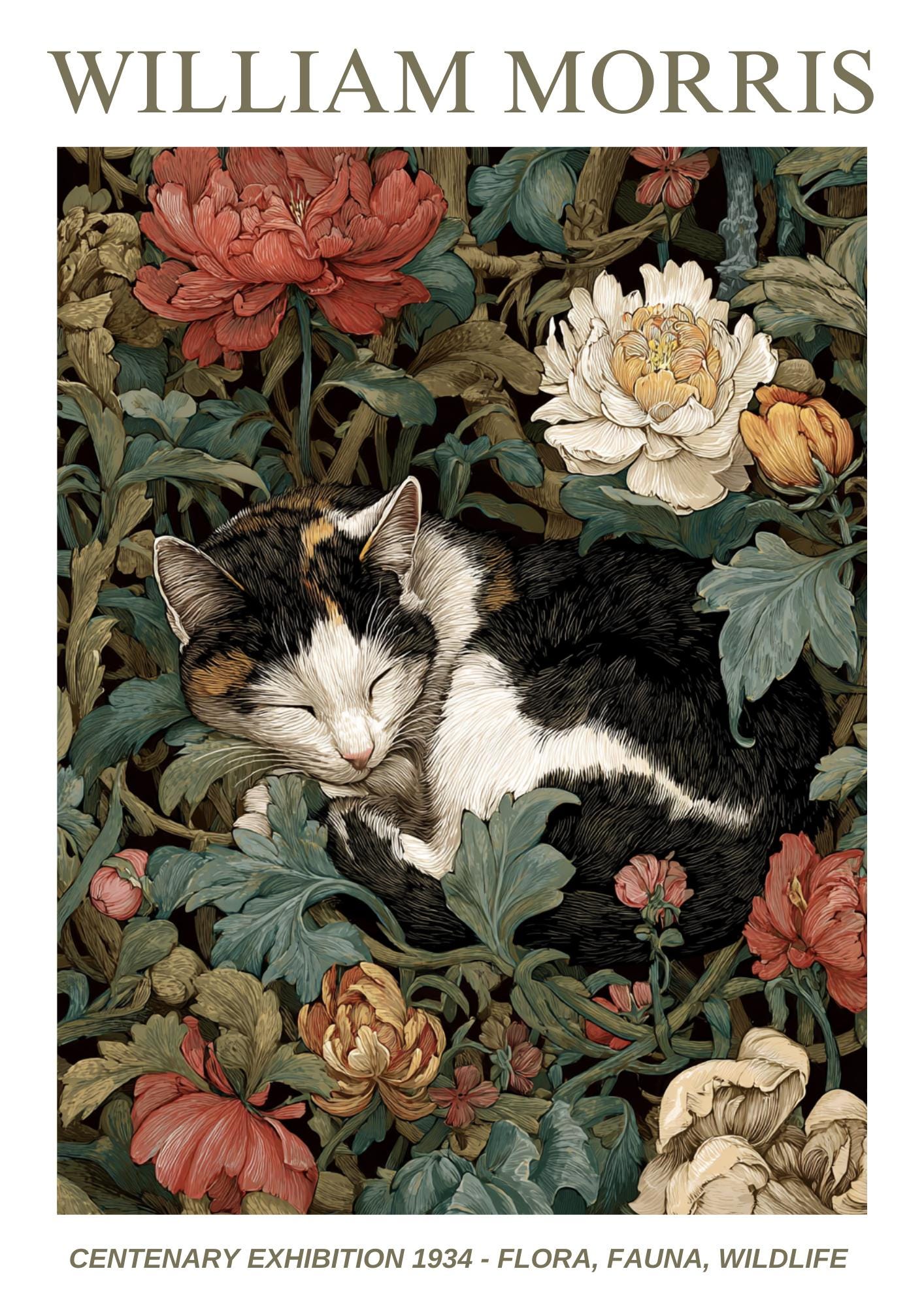 William Morris Floral, Fauna, Wildlife Print: Art Nouveau Home Decor, Cat, Kitten