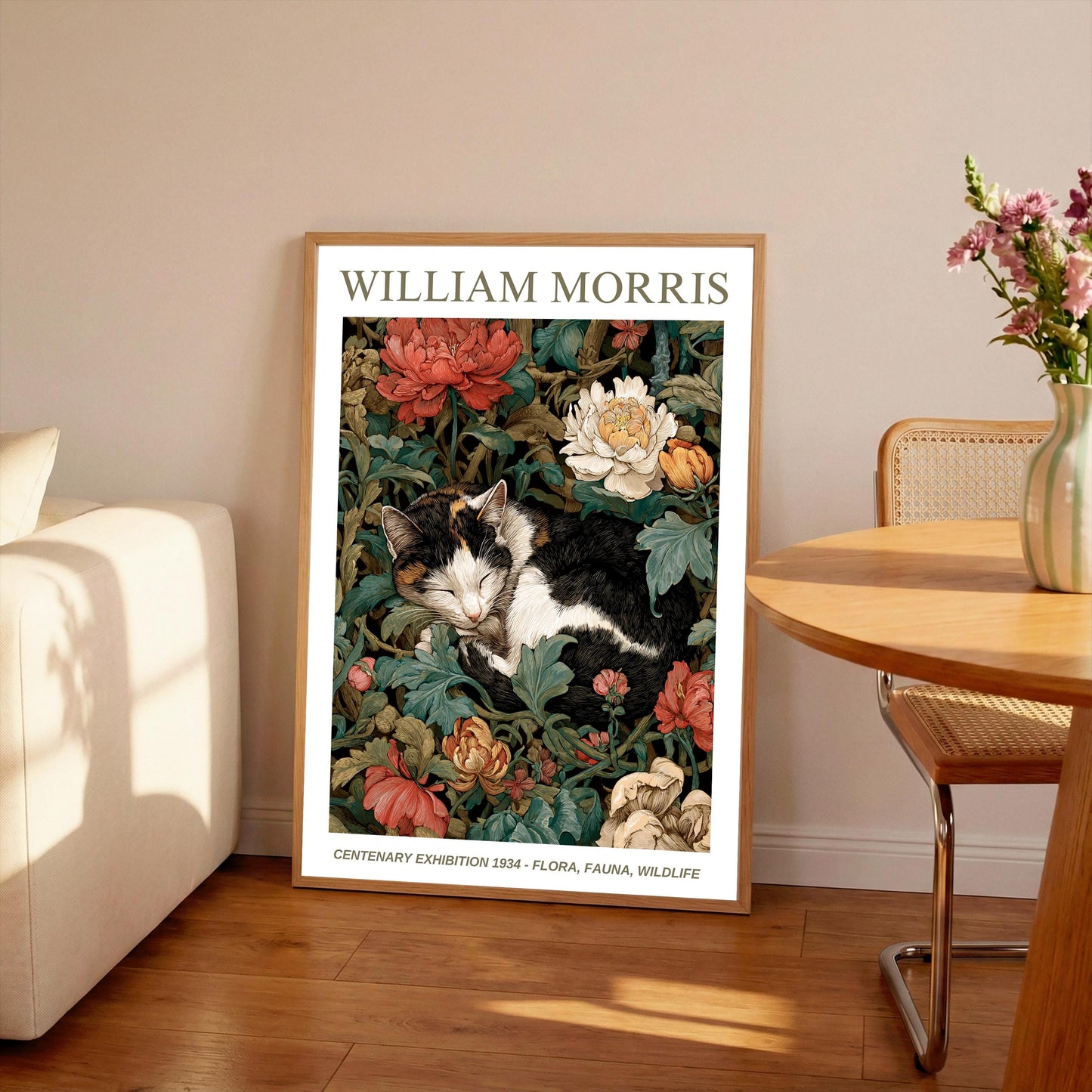 William Morris Floral, Fauna, Wildlife Print: Art Nouveau Home Decor, Cat, Kitten