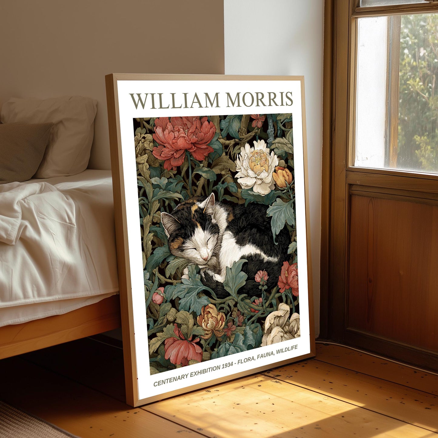 William Morris Floral, Fauna, Wildlife Print: Art Nouveau Home Decor, Cat, Kitten