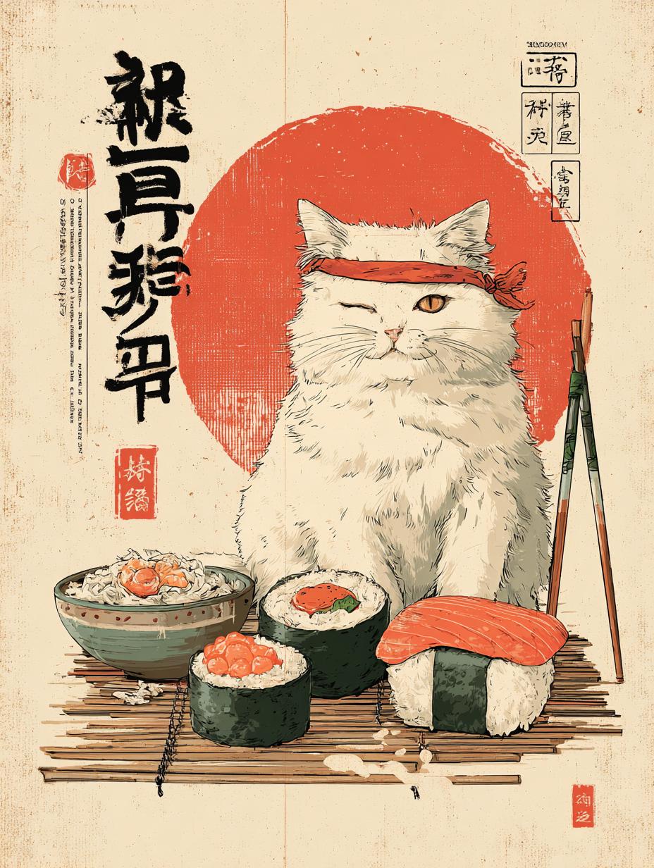 Vintage Japanese Cat Print: Sushi Cat Wall Art, Edo Period Style Poster