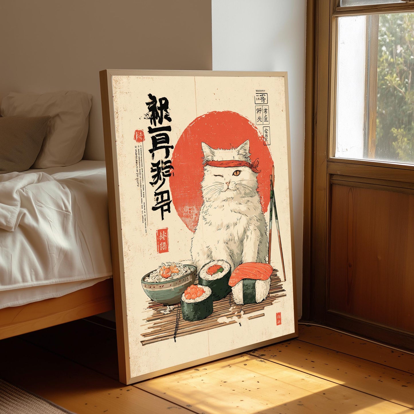 Vintage Japanese Cat Print: Sushi Cat Wall Art, Edo Period Style Poster